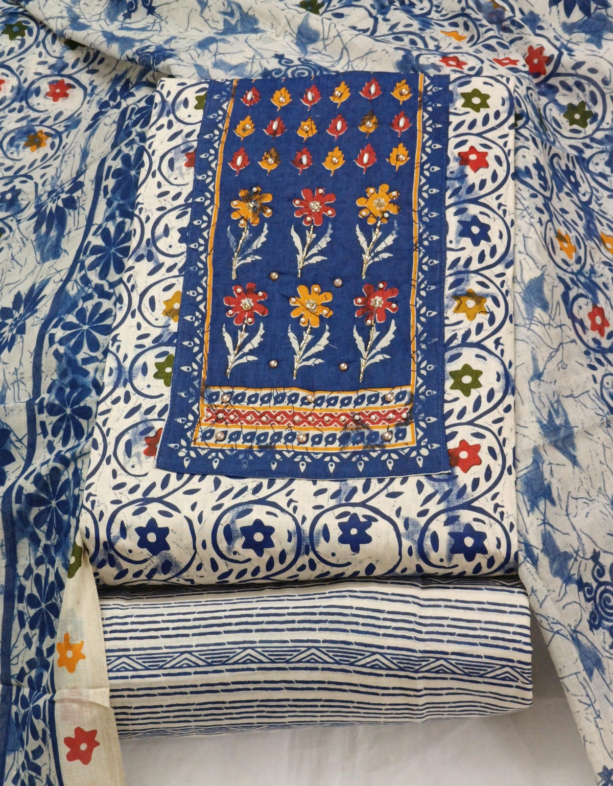DRAVINAM Trends Women's Unstitched Cambric Cotton Dress Material Salwar Suit Set with Dupatta | Geometric Batik Print & Embellished Neckline (Multicolor)