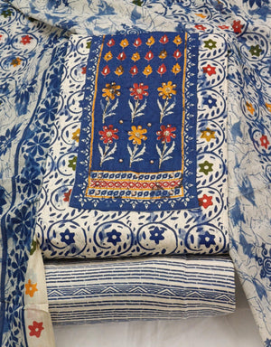 DRAVINAM Trends Women's Unstitched Cambric Cotton Dress Material Salwar Suit Set with Dupatta | Geometric Batik Print & Embellished Neckline (Multicolor)