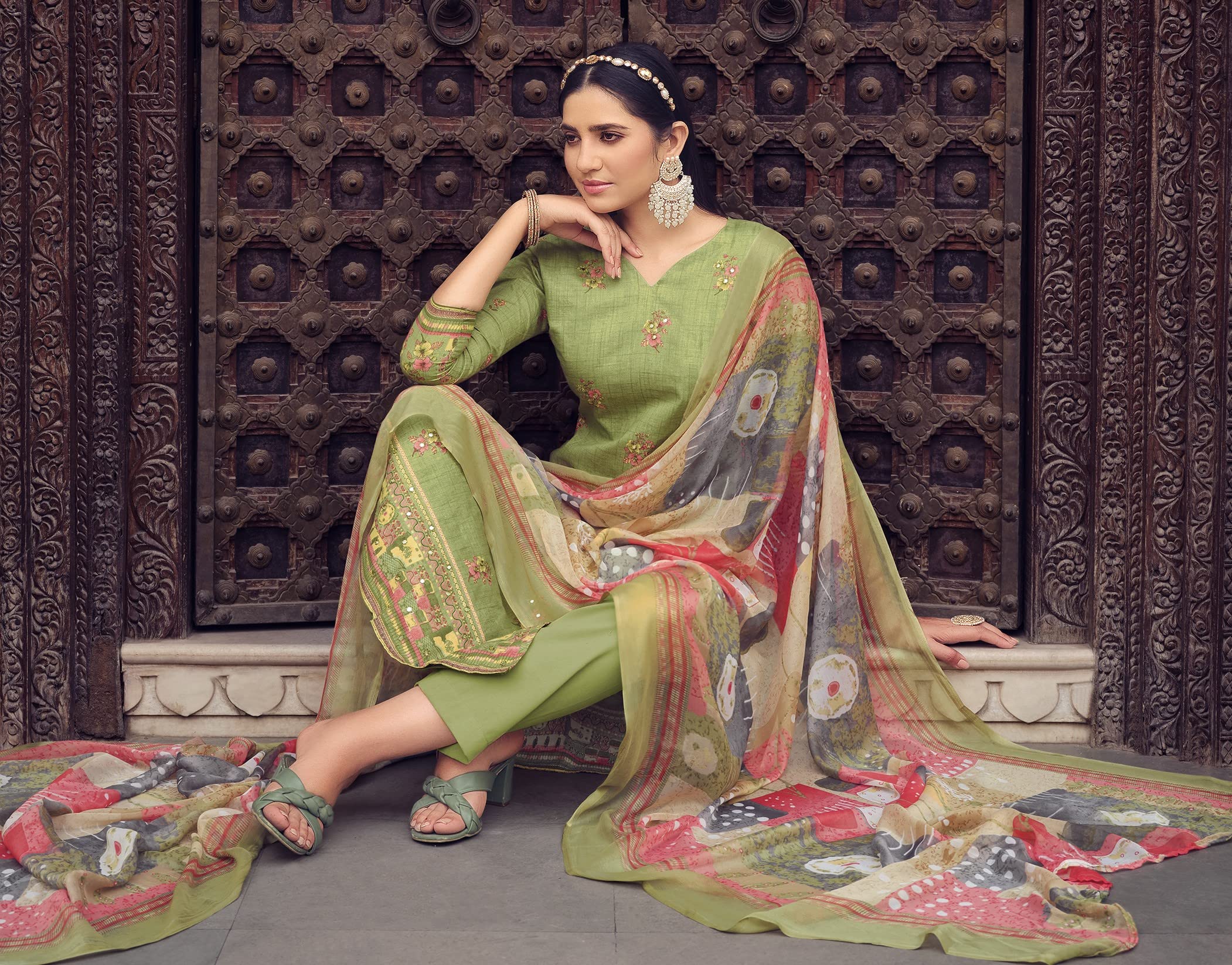 DRAVINAM Trends Unstitched Printed Mirror Work Cotton Salwar Suits Dress Material with Chiffon Dupatta (Green)