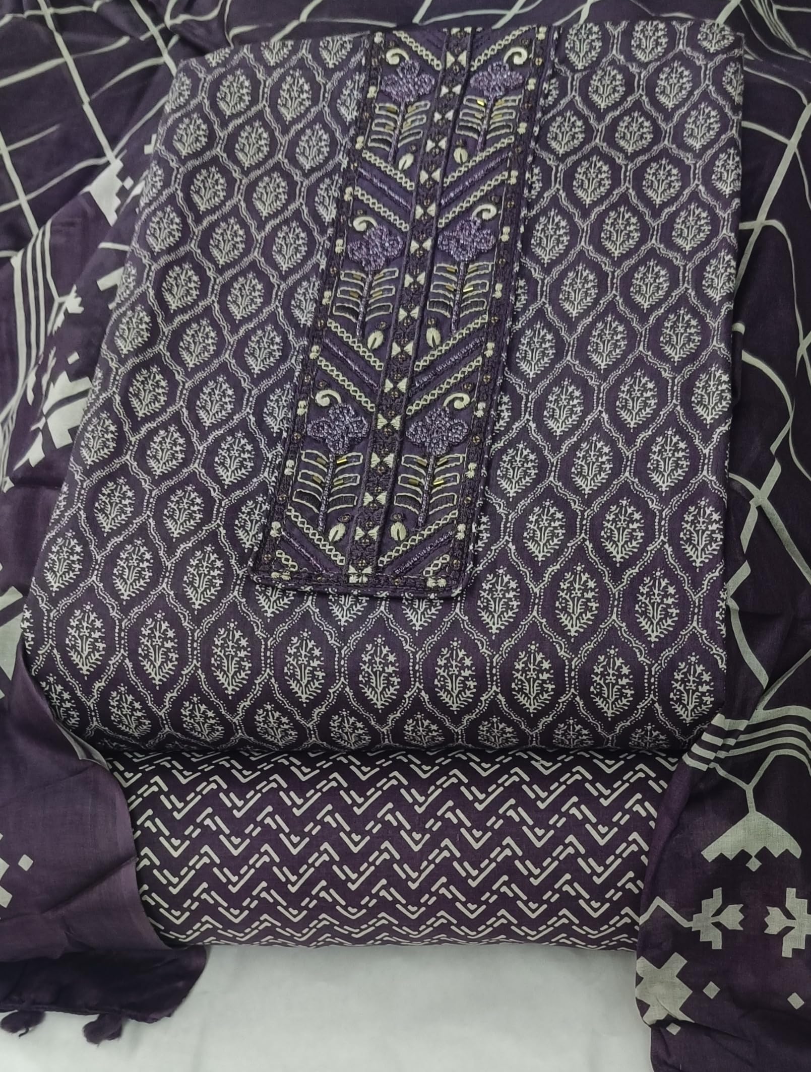 DRAVINAM Trends Women's Premium Cotton Jaipuri Printed Embroidered and Hand Work Unstitched Salwar Suit Dress Material with Mulmul Cotton Dupatta