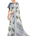 DRAVINAM Trends Women's Plain Weave Jute Linen Printed Border Saree with Blouse Piece (White and Grey)
