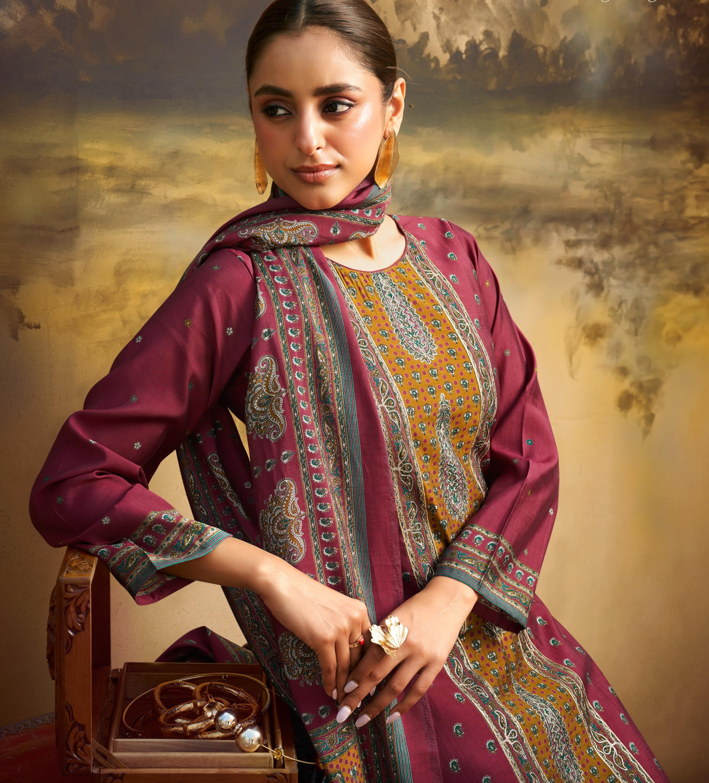 DRAVINAM Trends Women's Unstitched Maslin Suit Material - Embroidered Digital Printed Foil Masline Top II Masline Bottoms II Maslin Digital Dupatta