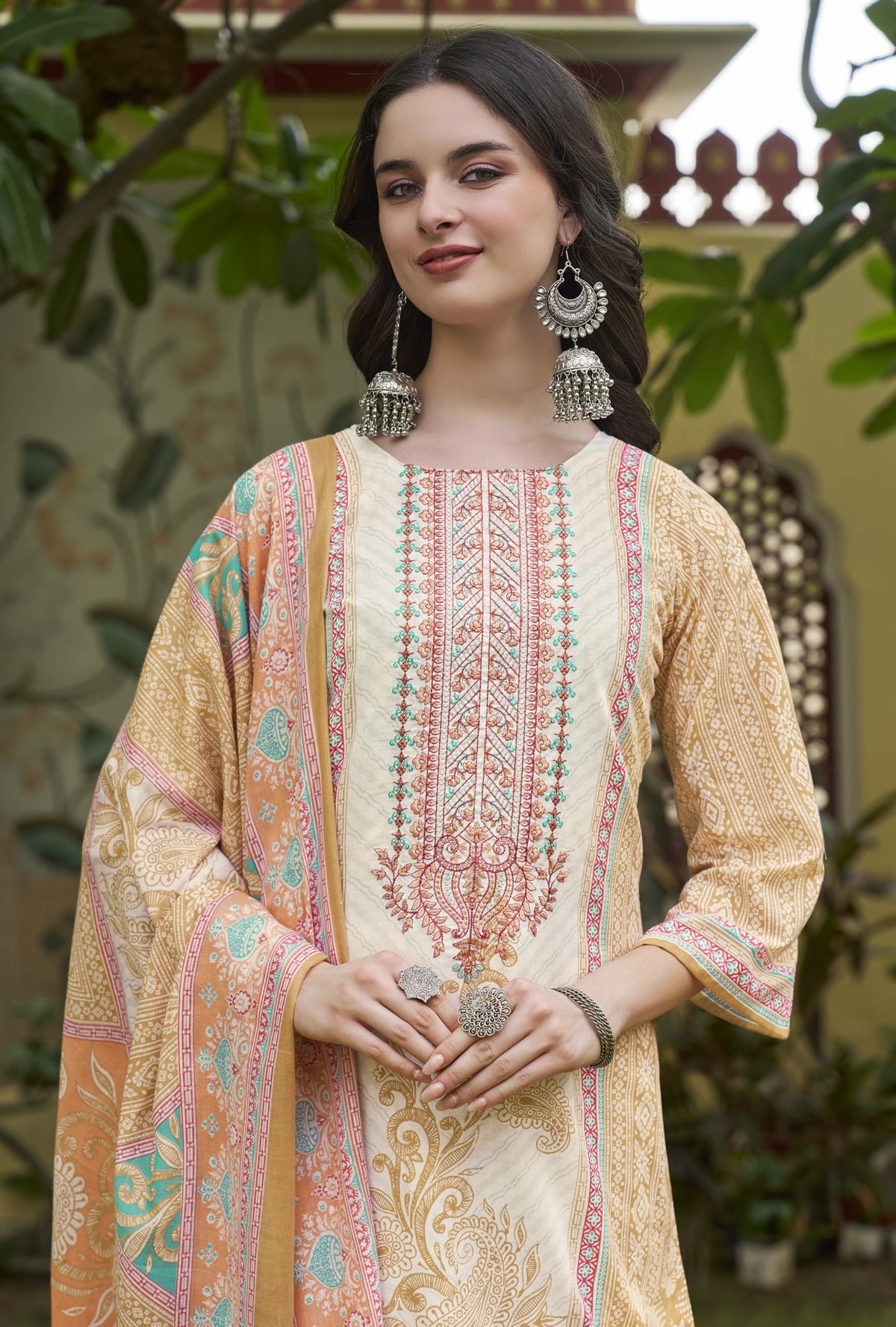 DRAVINAM Trends Kurti 2.50 mtrs, Pure Cotton Salwar (3 mtrs apx), Pure Cotton Mal Mal Print (2.30|Light Brown 1