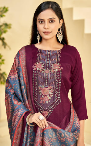 DRAVINAM Trends Women's Unstitched Winter Wear Woollen Pashmina Embroidered Salwar Suit Dress Material with Pashmina Printed Shawl Dupatta