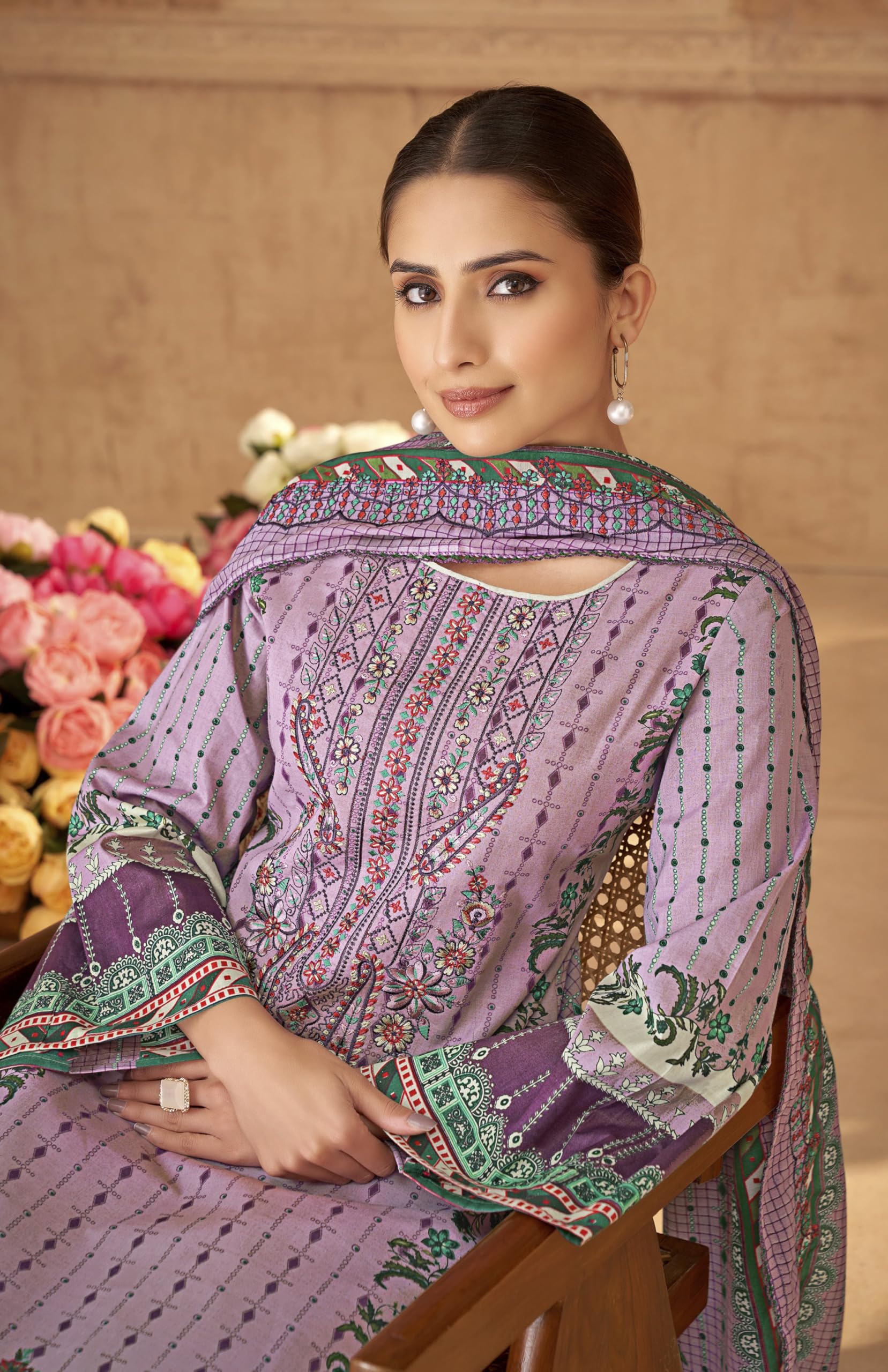 DRAVINAM Trends Unstitched Cotton Suit Dress Material Set: Pakistani Print Top Fabric with Embroidery | Customizable Solid Bottoms | Cotton Fancy Dupatta