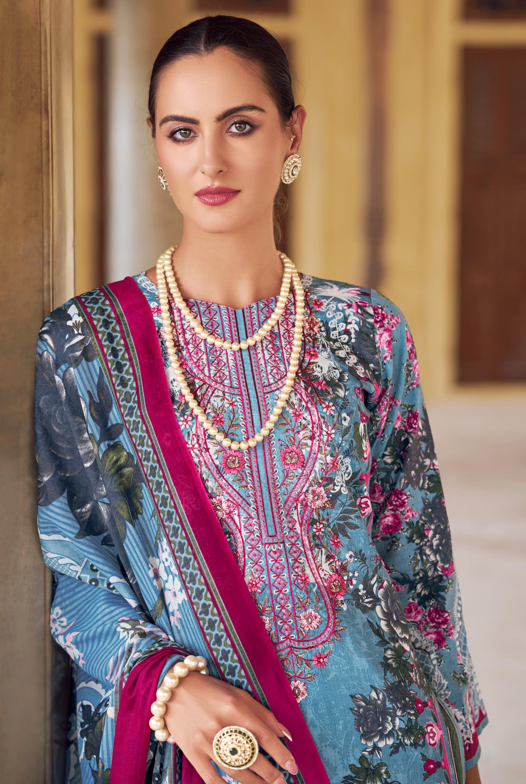 DRAVINAM Trends Unstitched Pakistani Embroidered Pure Cotton Salwar Suit Dress Materials with Cotton Dupatta