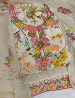 DRAVINAM Trends Women's Modal Floral Printed Unstitched Suit Set with Embroidered Neck Yoke, Malai Cotton Bottom & Soft Silk Dupatta