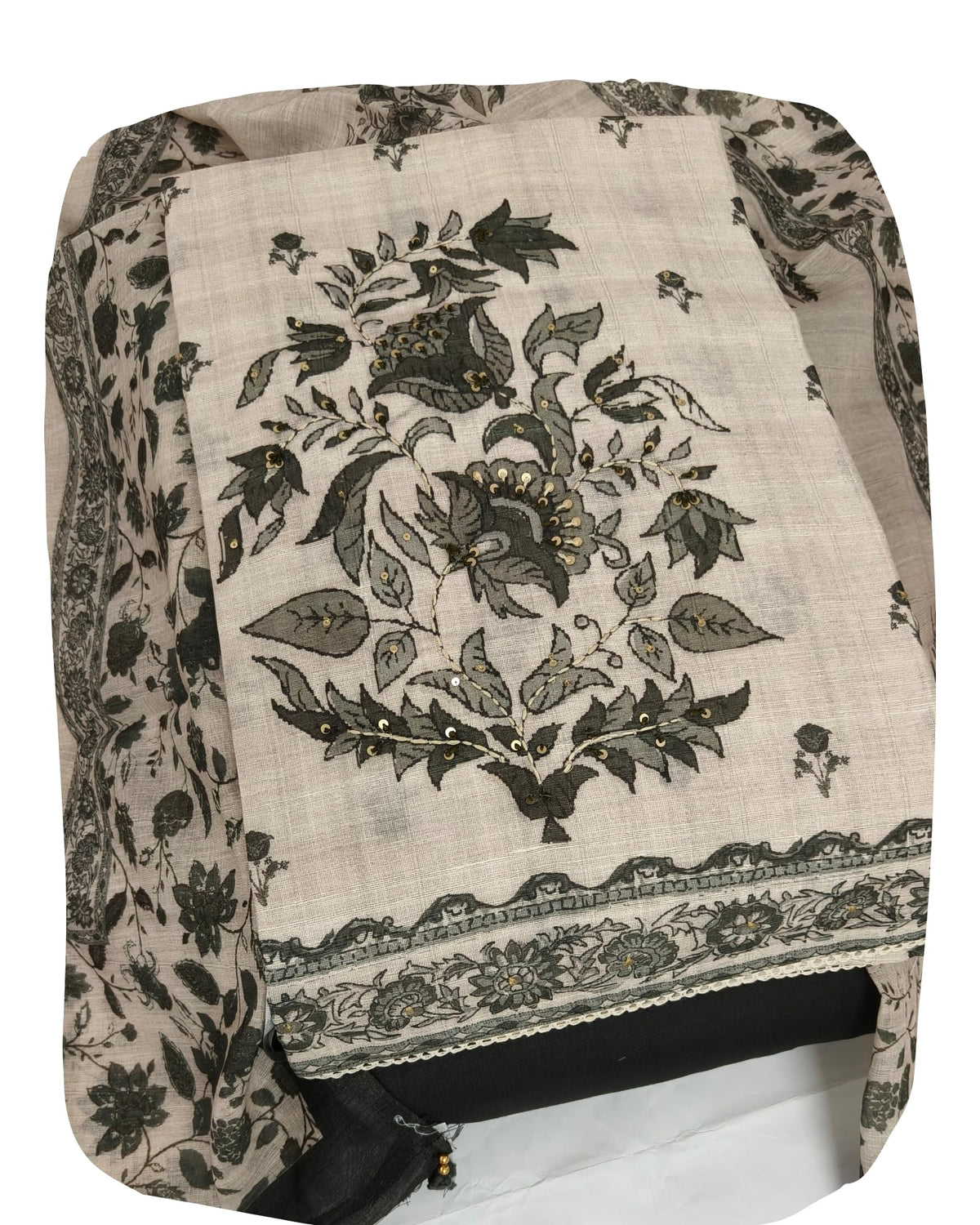 DRAVINAM Trends Women's Linen Cross-Stitch Floral Print Unstitched Salwar Suit Dress Material with Malai Cotton Bottom & Linen Dupatta