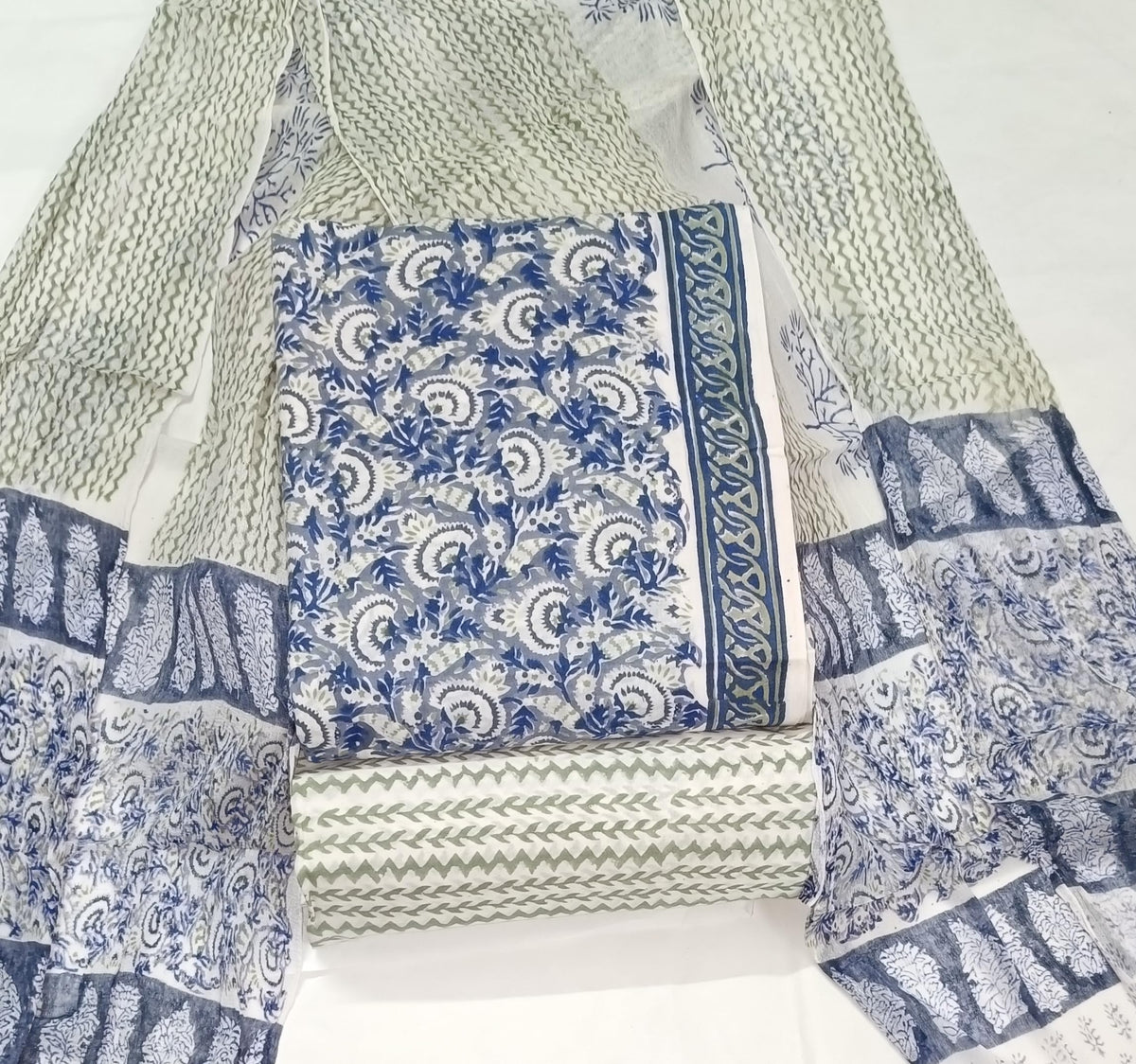 DRAVINAM Trends Hand Block Print Pure Cambric Cotton Unstitched Suit Material with Chiffon Hand Printed Dupatta