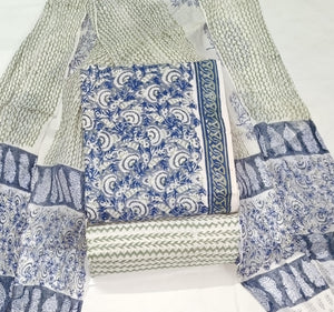 DRAVINAM Trends Hand Block Print Pure Cambric Cotton Unstitched Suit Material with Chiffon Hand Printed Dupatta