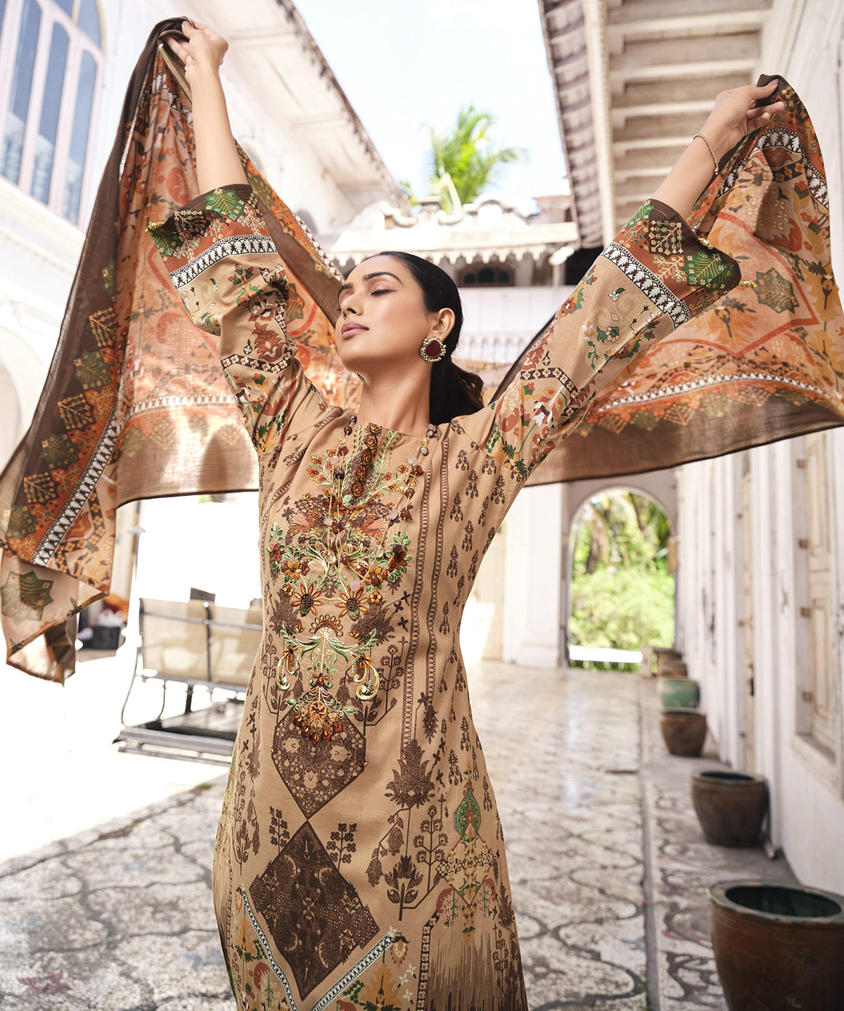 DRAVINAM Trends Women Unstitched Pakistani Print Embroidered Cotton Salwar Suit Dress Materials with Dupatta, Free Size
