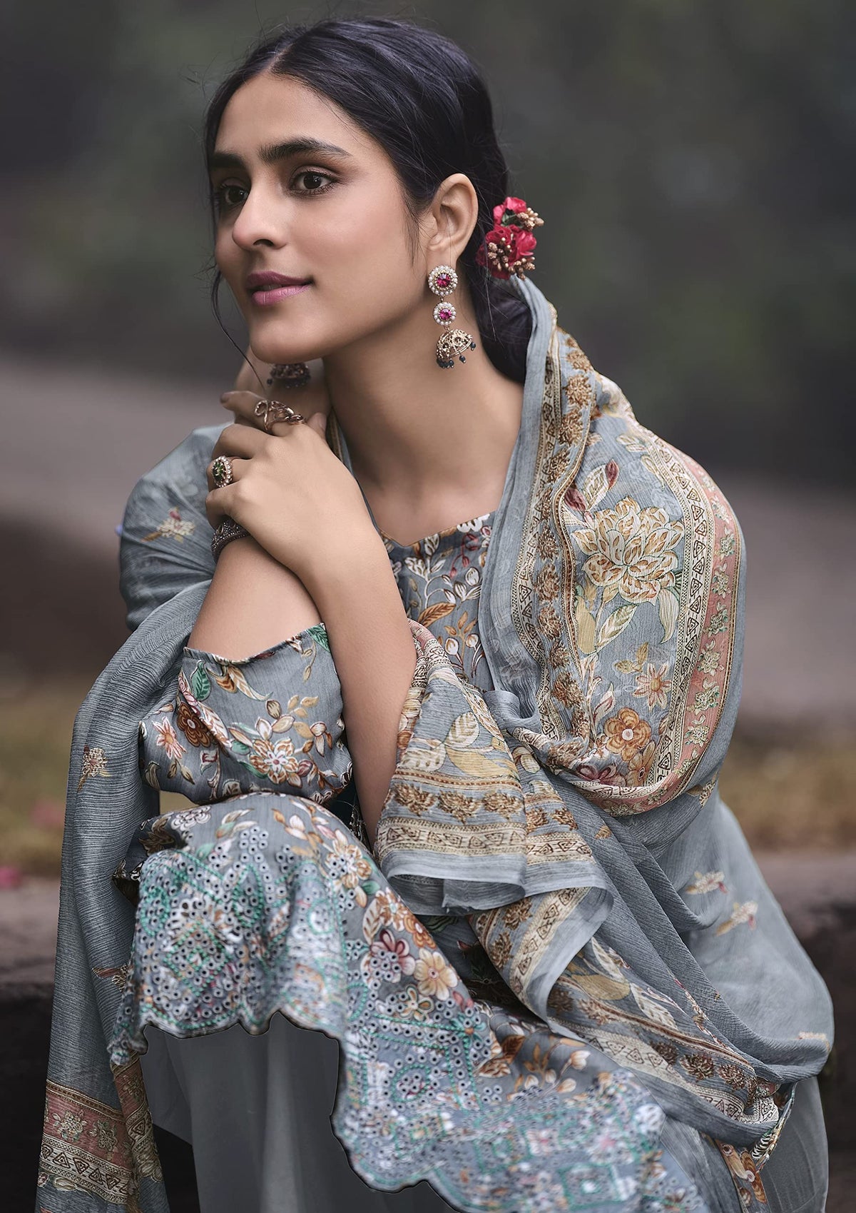 DRAVINAM Trends Unstitched Digital Printed Pure Cotton Embroidered Suit Set with Pure Bember Dupatta