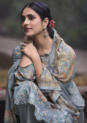 DRAVINAM Trends Unstitched Digital Printed Pure Cotton Embroidered Suit Set with Pure Bember Dupatta