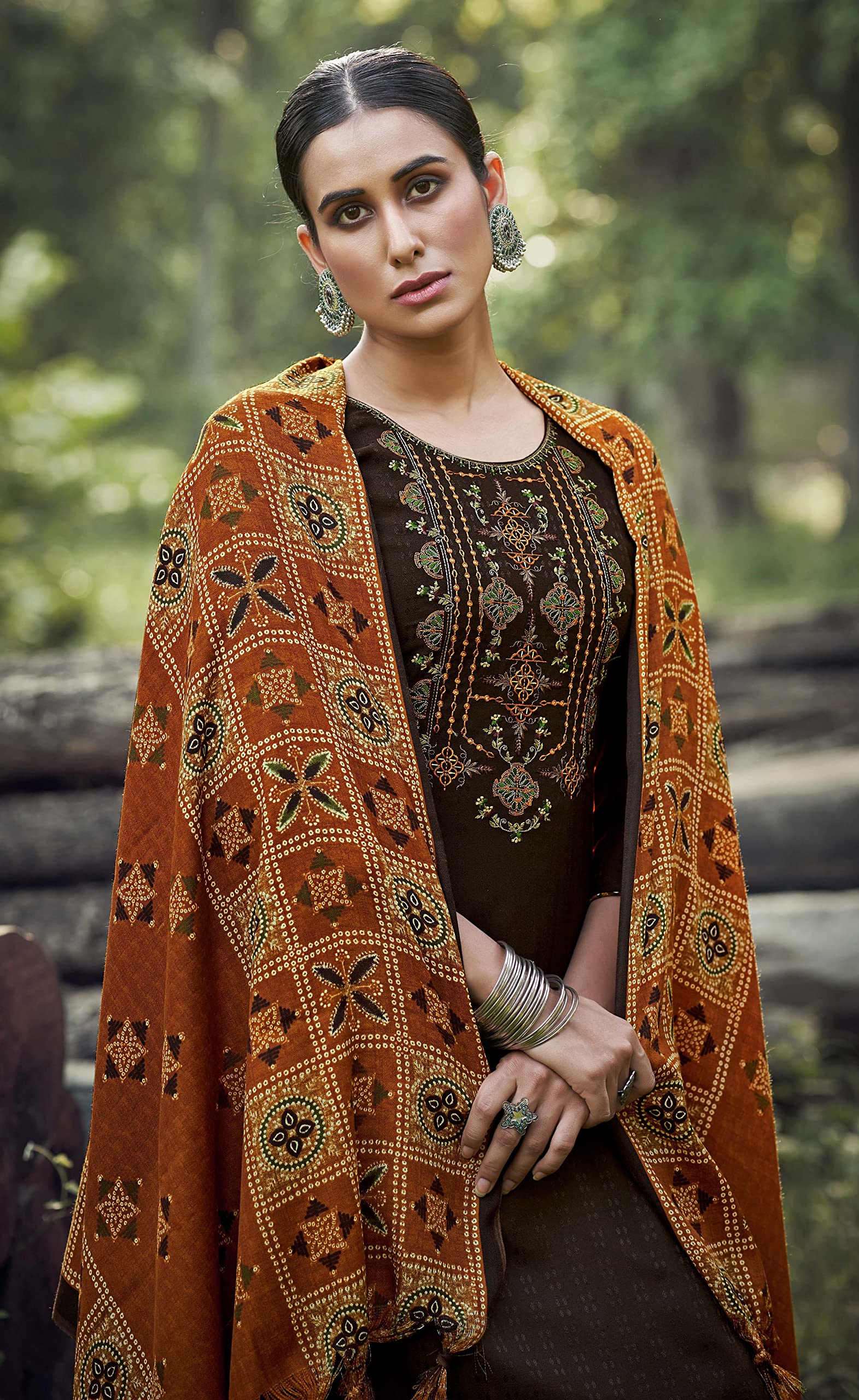DRAVINAM Trends Women's Pure Wool Pashmina Embroidered Unstitched Palazzo/Pant/Salwar Suit with Pashmina wool Shawl Dupatta/Chunni for/Office Wear/Casual/Winter wear (Brown)