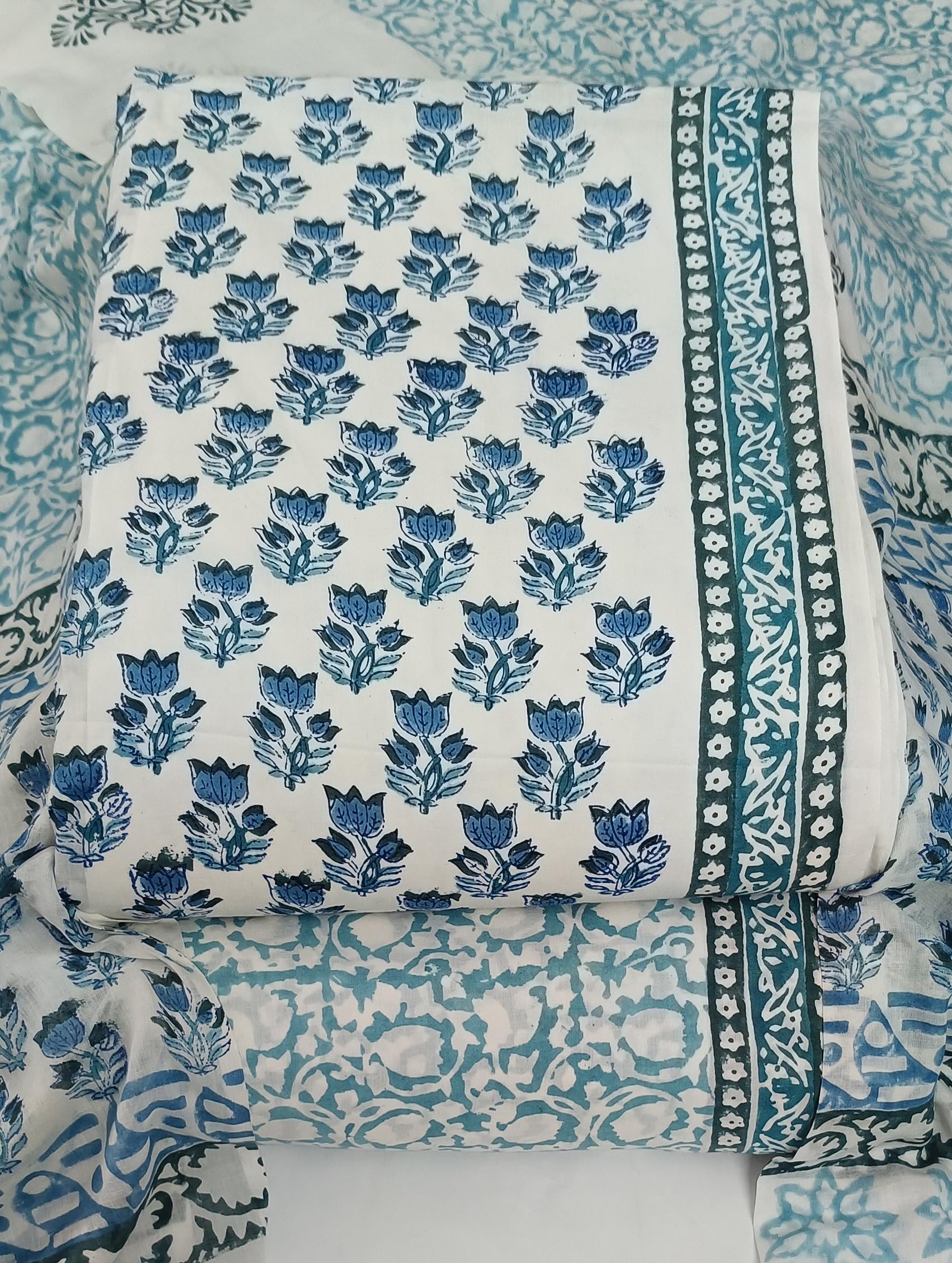 DRAVINAM Trends Hand Block Print Sanganeri Cambric Unstitched Cotton Suit Dress Material for Women with Mulmul Cotton Hand Printed Dupatta