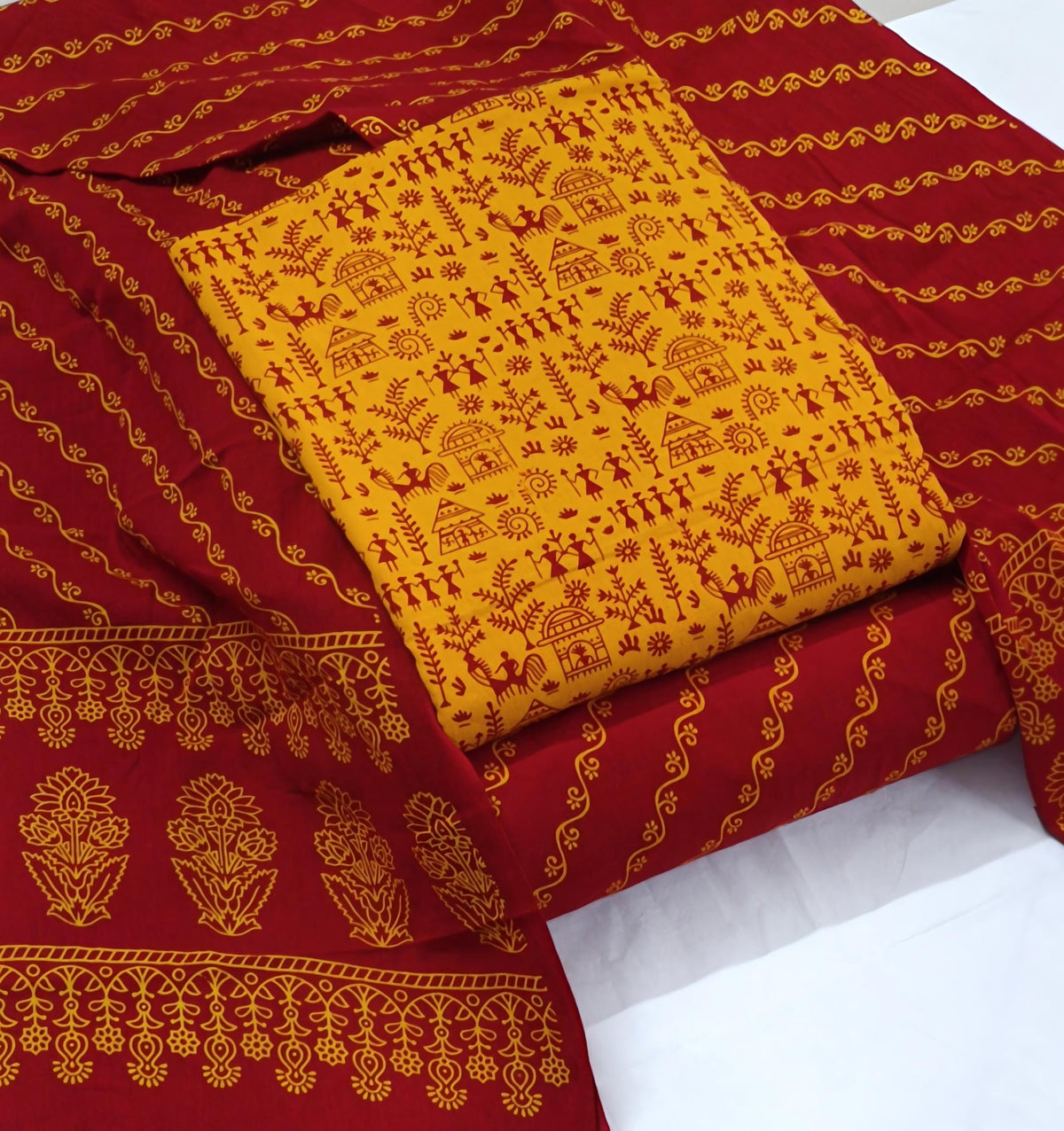 DRAVINAM Trends Women's Premium Cotton Unstitched Salwar Suit Dress Material Set | Traditional Rajasthani Gujari Block Print (Red & Mustard Yellow)