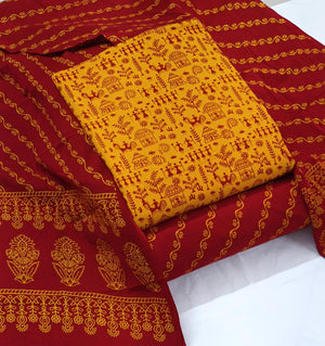 DRAVINAM Trends Women's Premium Cotton Unstitched Salwar Suit Dress Material Set | Traditional Rajasthani Gujari Block Print (Red & Mustard Yellow)