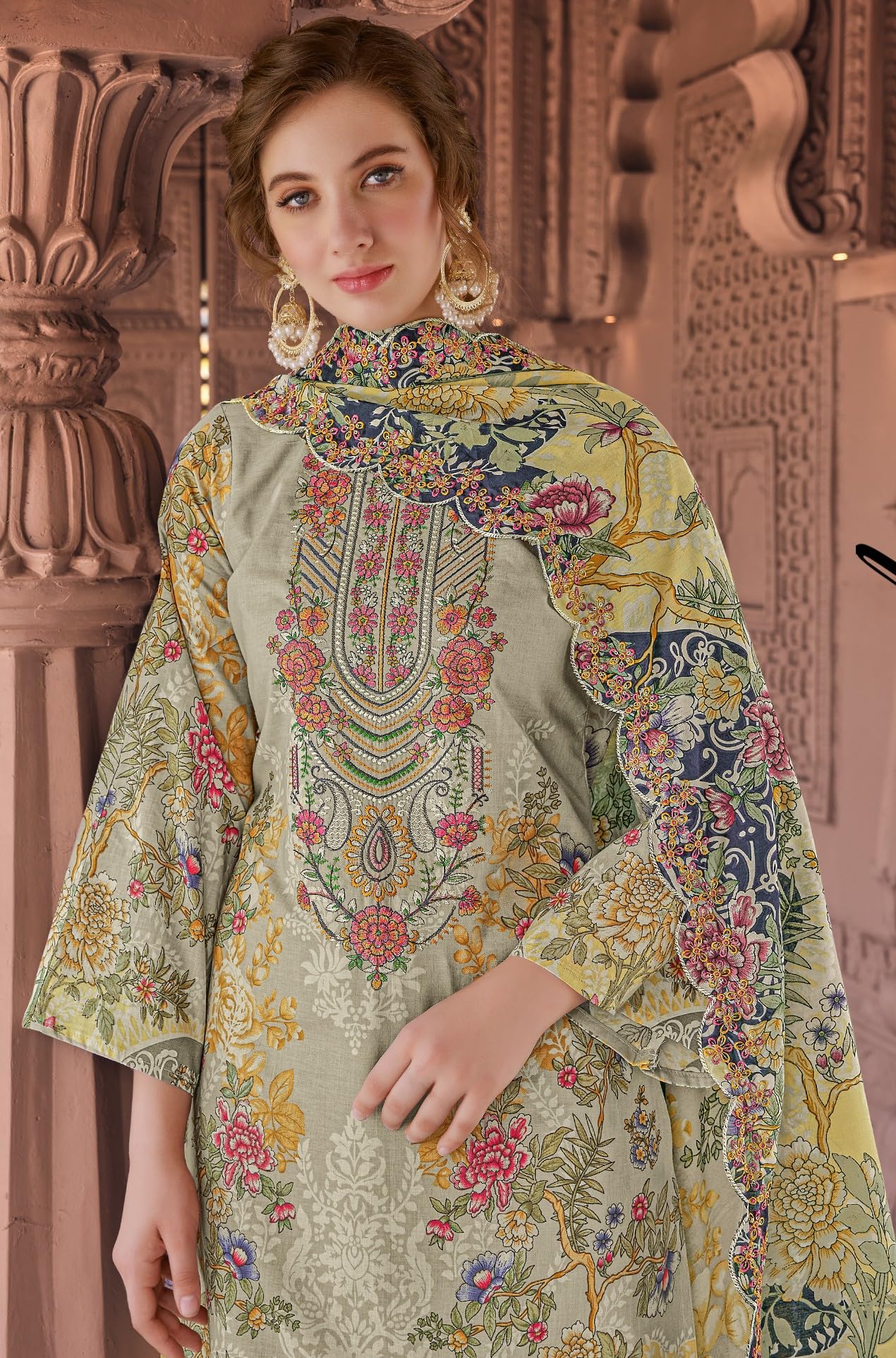 DRAVINAM Trends Women's Unstitched Pakistani Digital Print Embroidered Pure Cotton Salwar Suit Dress Materials with Cotton Embroidered Cutwork Dupatta