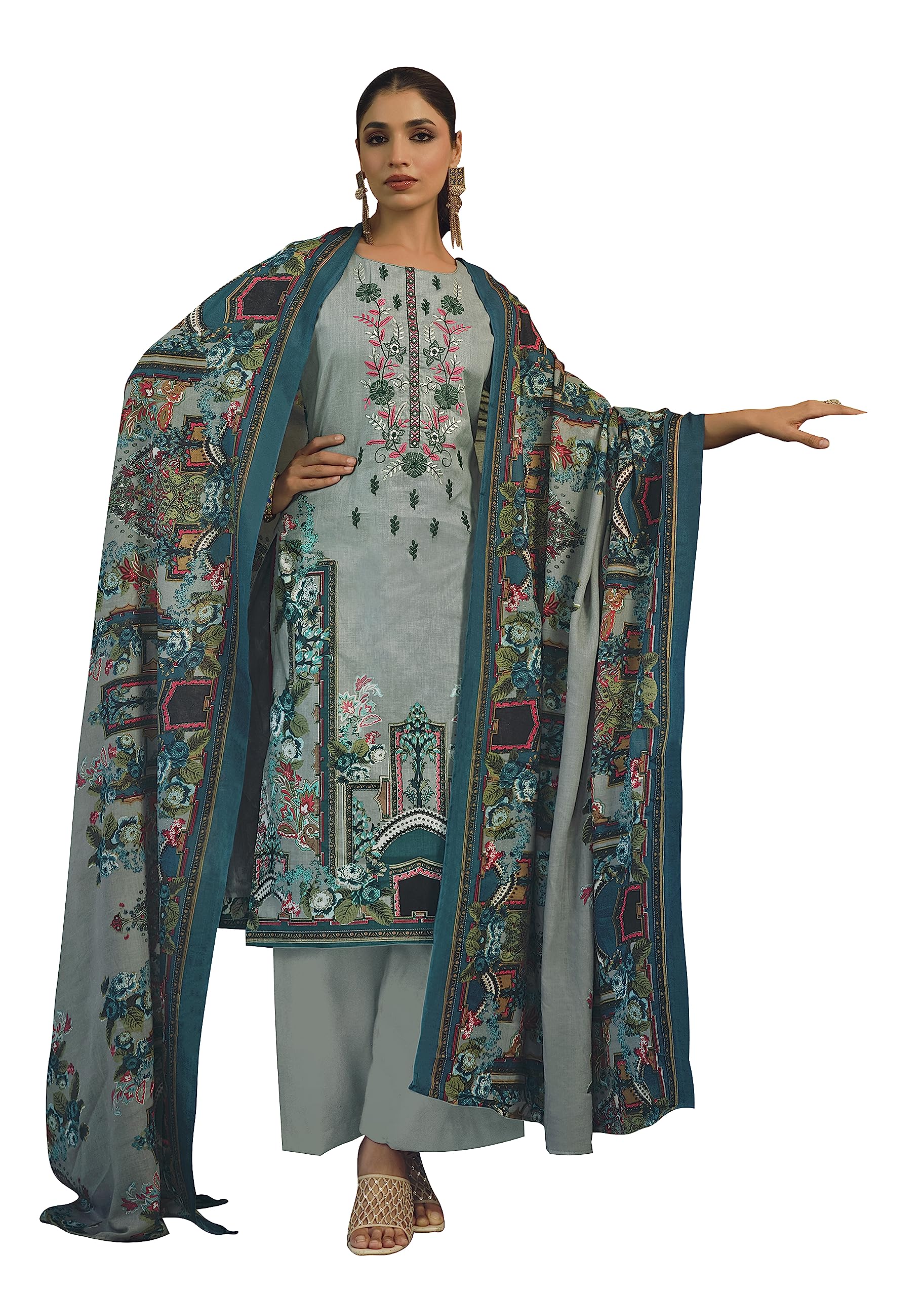 DRAVINAM Trends Women's Unstitched Printed Embroidered Pure Cotton Pakistani Salwar Suit Dress Materials with Cotton printed Dupatta (Black)