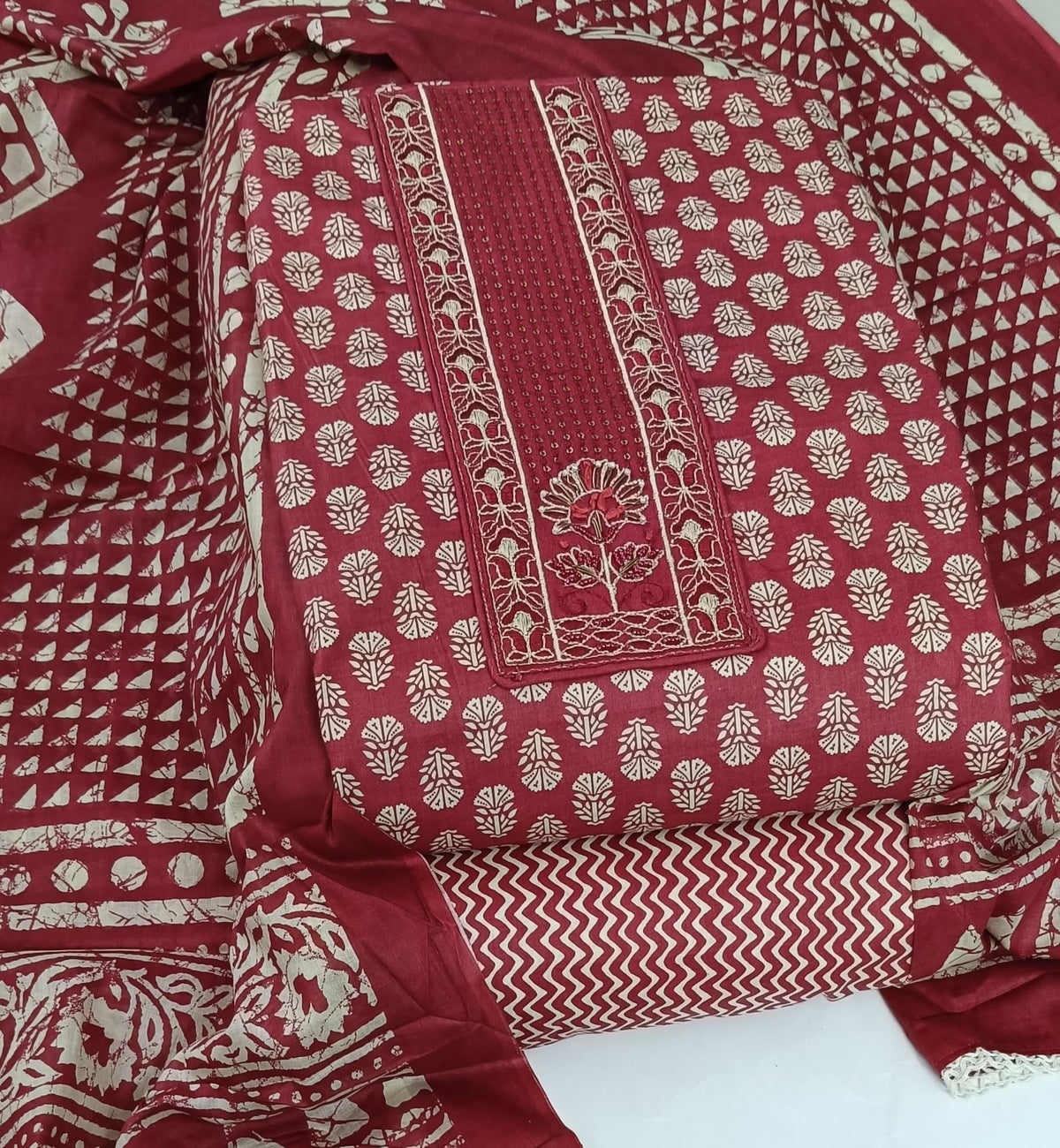 DRAVINAM Trends Women's Printed Embroidered and Hand Work Premium Cotton Jaipuri Unstitched Salwar Suit Dress Material with Mulmul Cotton Dupatta