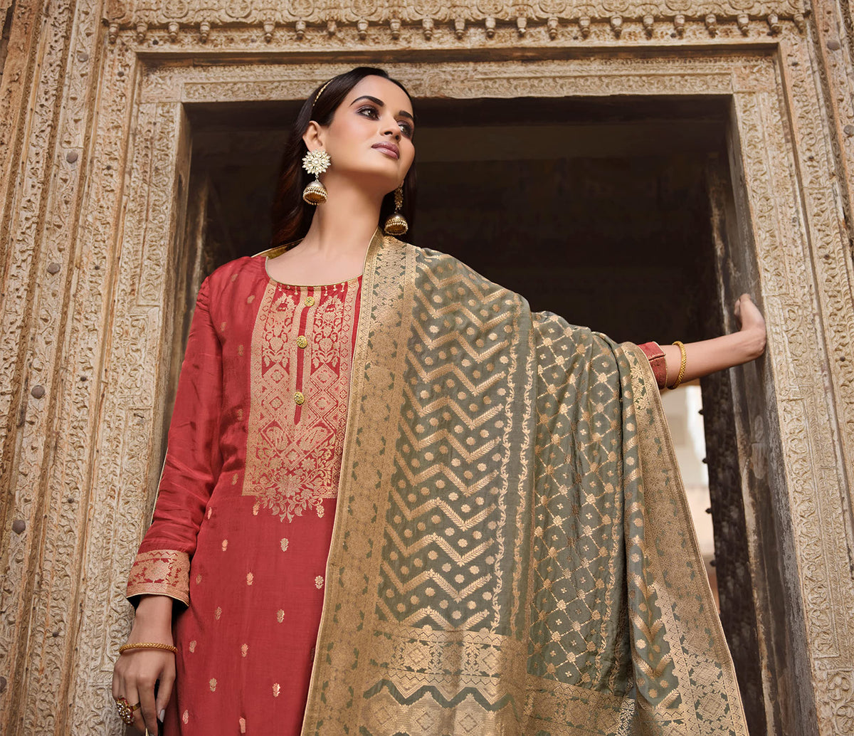 DRAVINAM Trends Women's Coral Silk Weaving Jacquard Unstitched Pakistani Salwar Suit Dress Material with Pure Coral Silk Weaving Jacquard Dupatta (Blue)