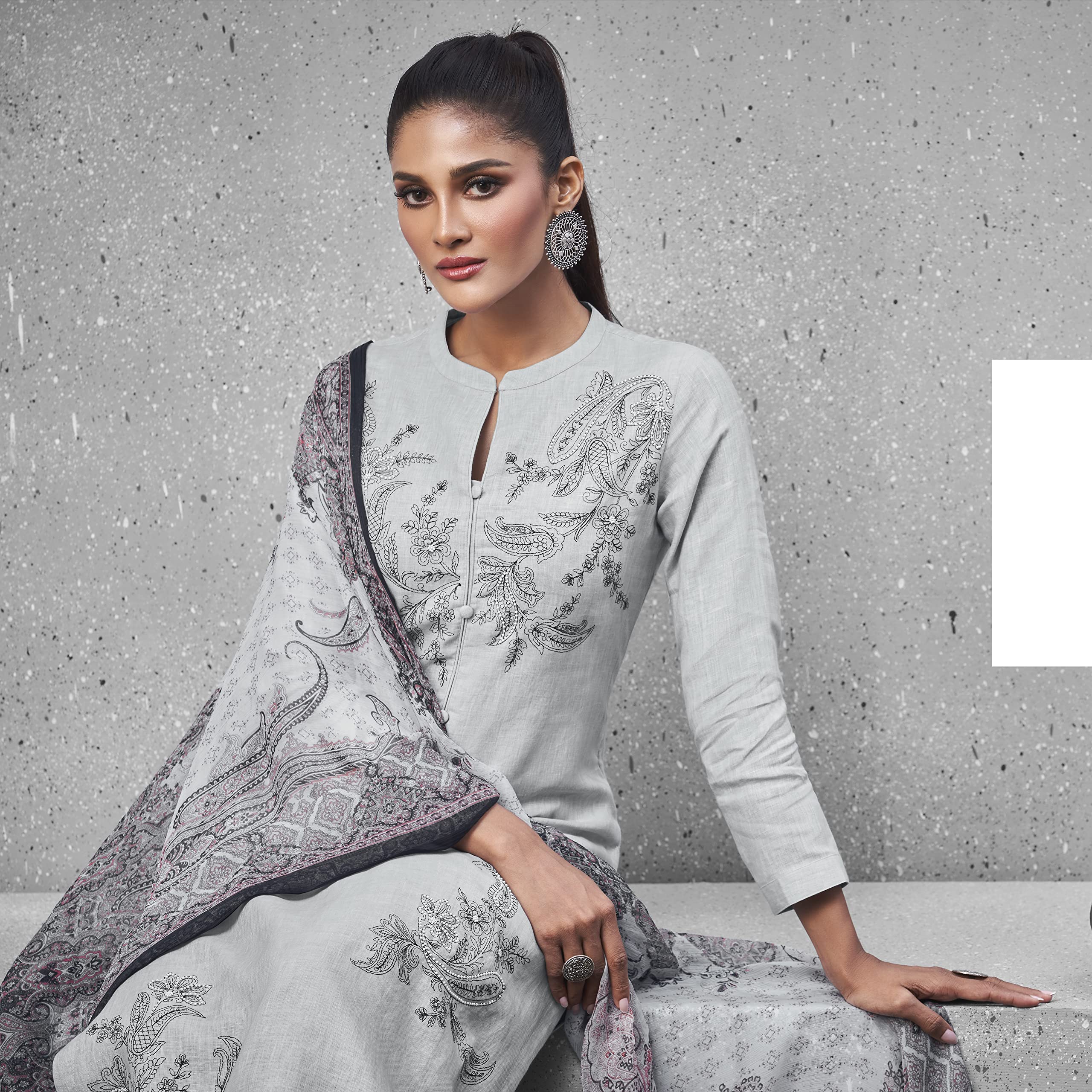 DRAVINAM Trends Women's Unstitched Emnroidered and Beads Work Cotton Slub Salwar Suit Dress Material with Digital Printed Bember Chiffon Half Pure Dupatta (Free Size_Grey)