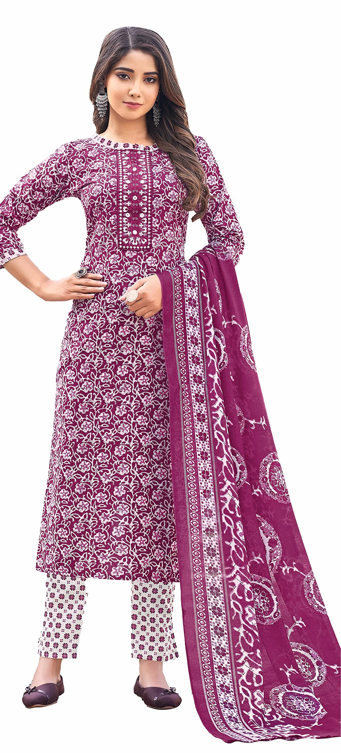 DRAVINAM Trends Women's Unstitched Cambric Cotton Printed Embroidered Salwar Suit Dress Material with Printed Cotton Digital printed Dupatta (Dark Pink)