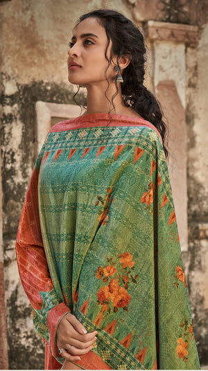 DRAVINAM Trends Women's Unstitched Pure Woven Wool Pashmina Embroidered Salwar Suit Dress Material with Digital Printed Velvet Four sided lace and Tassels Shawl Dupatta (Orange)