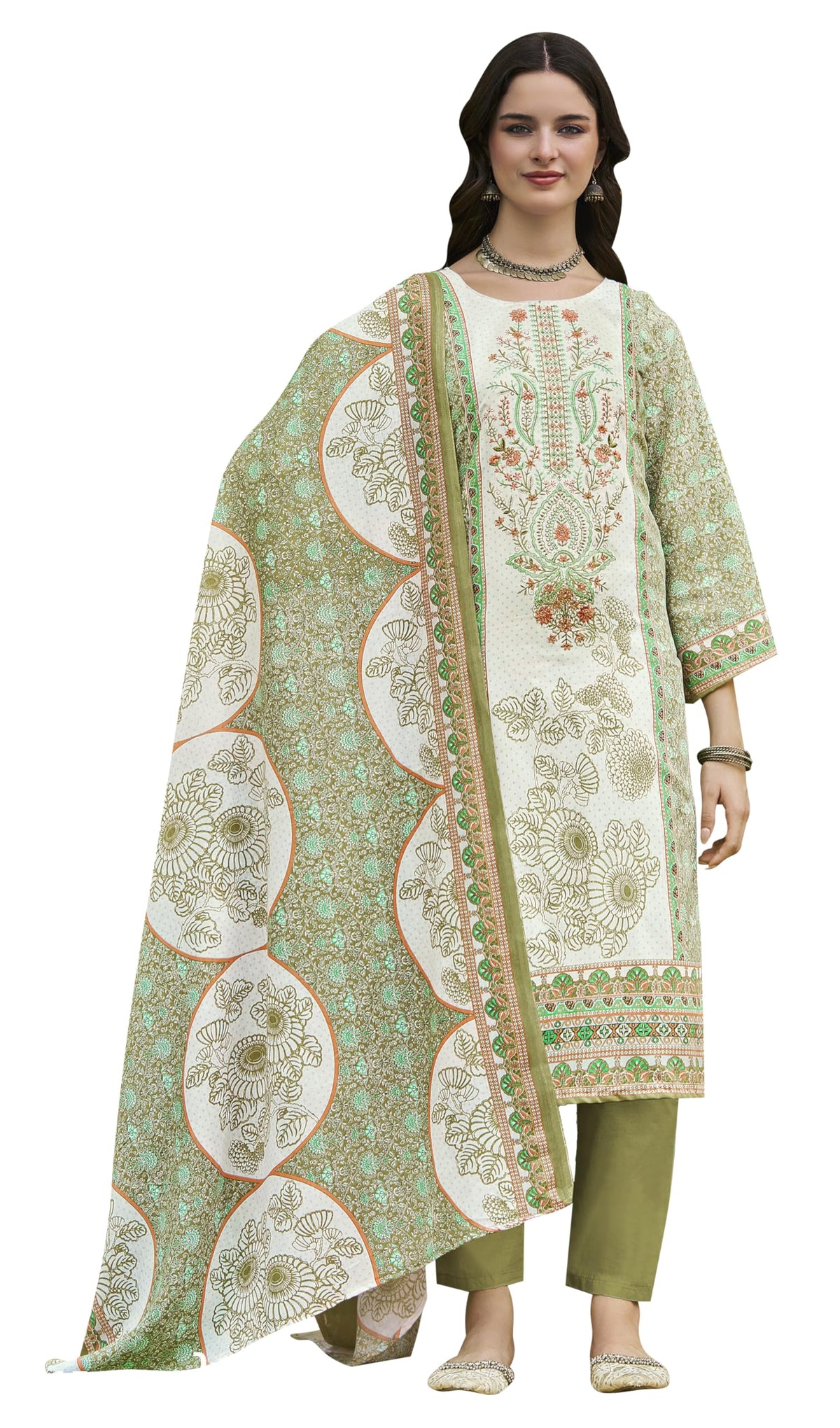 DRAVINAM Trends Kurti 2.50 mtrs, Pure Cotton Salwar (3 mtrs apx), Pure Cotton Mal Mal Print (2.30|Light Brown 1