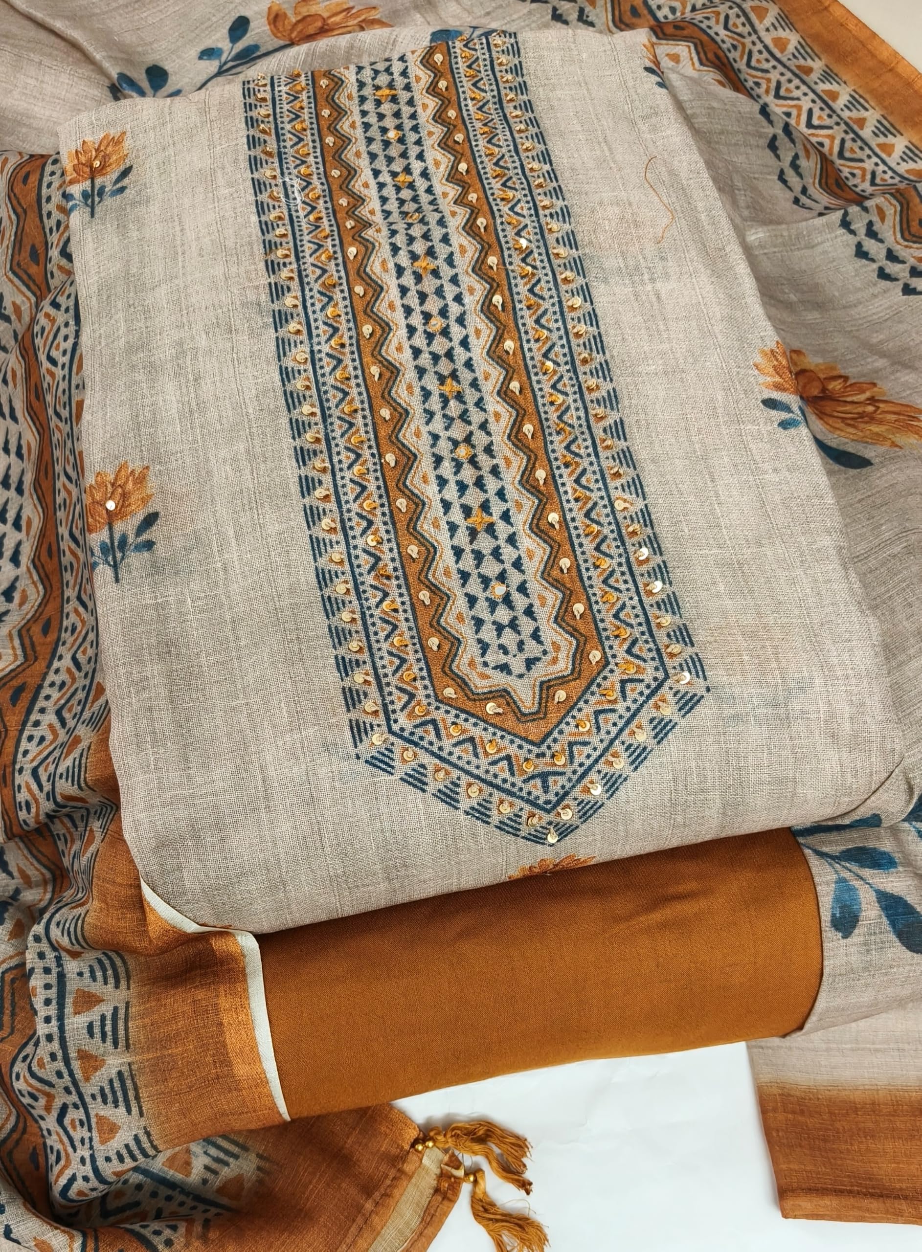 DRAVINAM Trends Women's Linen Cross-Stitch Floral Print Unstitched Salwar Suit Dress Material with Malai Cotton Bottom & Linen Dupatta