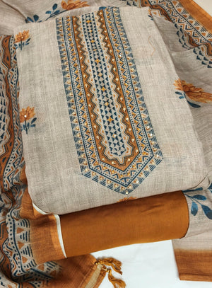 DRAVINAM Trends Women's Linen Cross-Stitch Floral Print Unstitched Salwar Suit Dress Material with Malai Cotton Bottom & Linen Dupatta