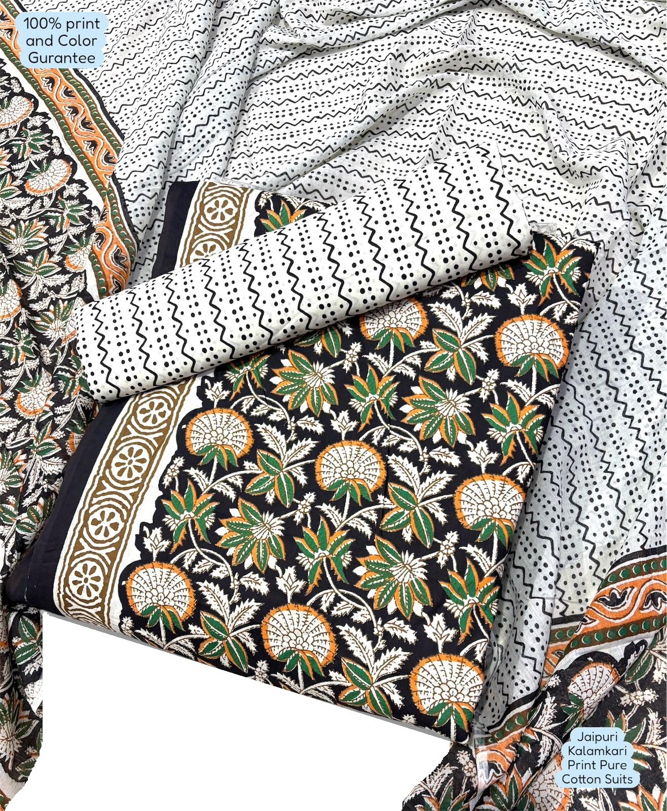 DRAVINAM Trends Unstitched Jaipuri Handmade Traditional Kalamkari Print Soft Cotton Dress Material with Cotton Dupatta