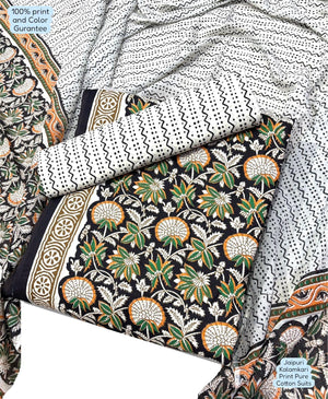 DRAVINAM Trends Unstitched Jaipuri Handmade Traditional Kalamkari Print Soft Cotton Dress Material with Cotton Dupatta