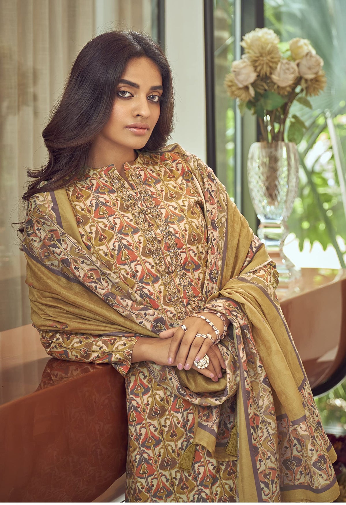 DRAVINAM Trends Women's Unstitched Digital Print Fancy Embroidered Pure Viscose Maslin Office wear Salwar Suit Dress Material with Printed Masline Chuni/Dupatta (Mustard)