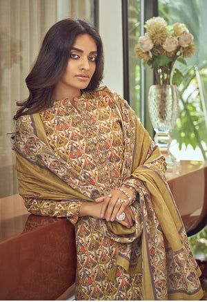 DRAVINAM Trends Women's Unstitched Digital Print Fancy Embroidered Pure Viscose Maslin Office wear Salwar Suit Dress Material with Printed Masline Chuni/Dupatta (Mustard)