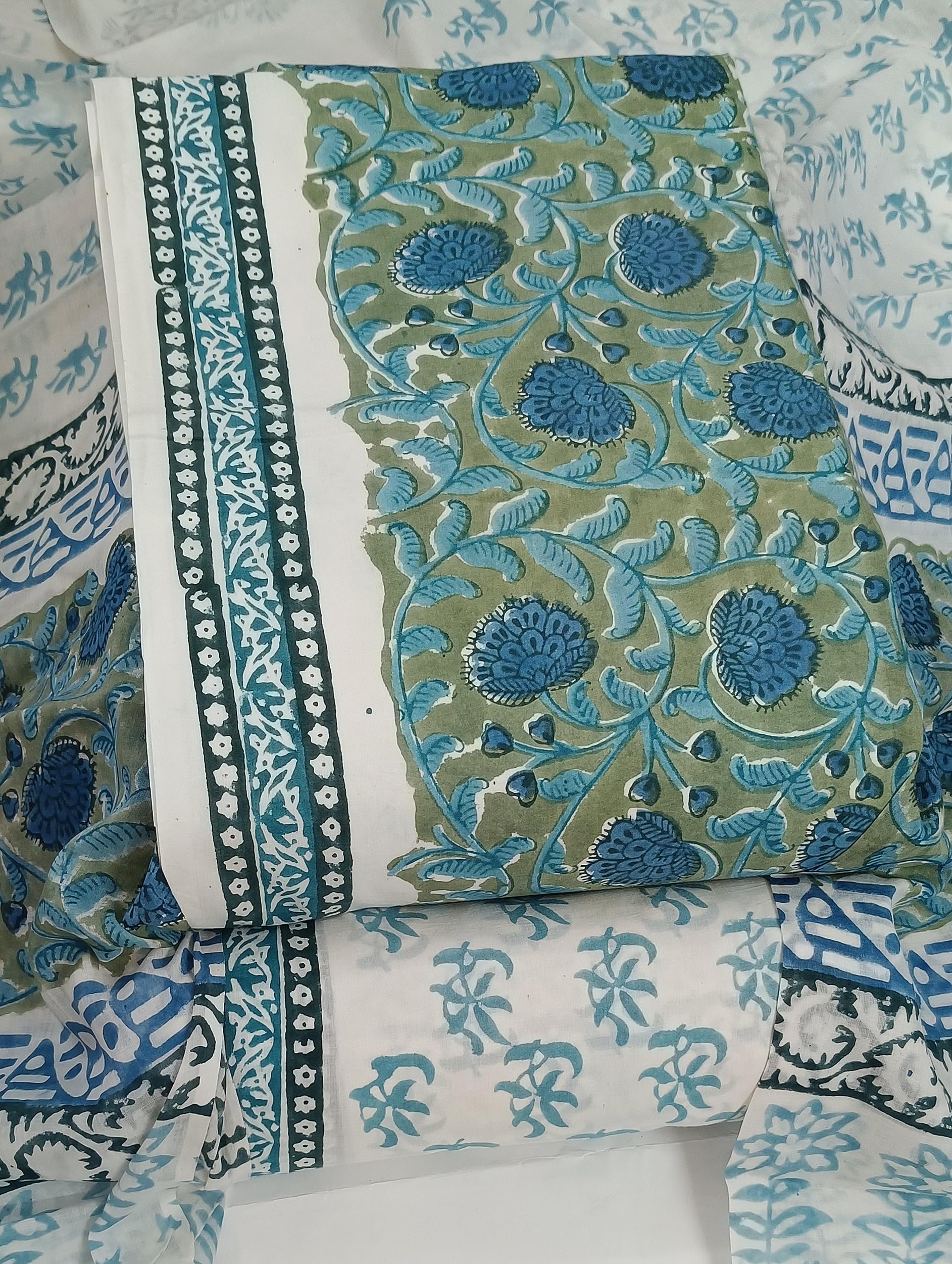 DRAVINAM Trends Hand Block Print Sanganeri Cambric Unstitched Cotton Suit Dress Material for Women with Mulmul Cotton Hand Printed Dupatta