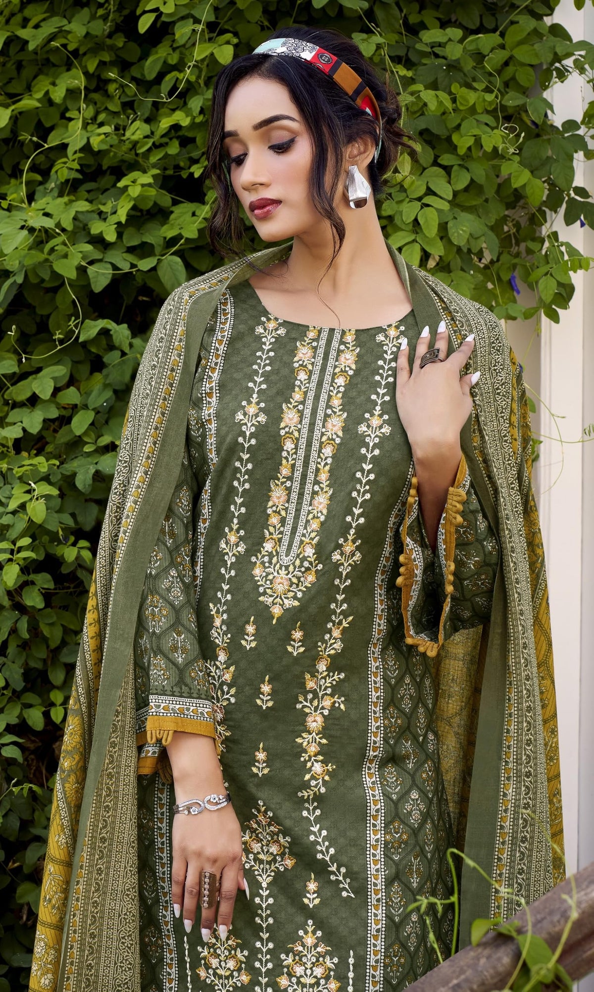 DRAVINAM Trends Unstitched Karachi Lawn Cotton Pakistani Digital Printed Embroidered Suit Dress Material with Unstitched Bottoms and Cotton Dupatta