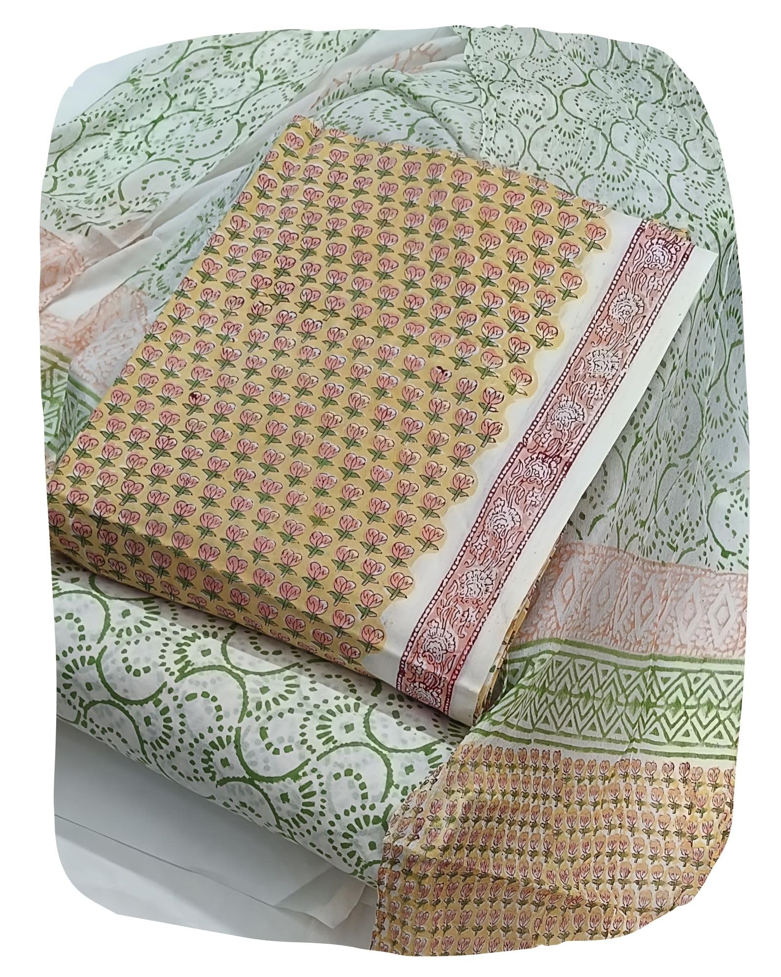 DRAVINAM Trends Hand Block Print Pure Cambric Cotton Unstitched Suit Material with Chiffon Hand Printed Dupatta