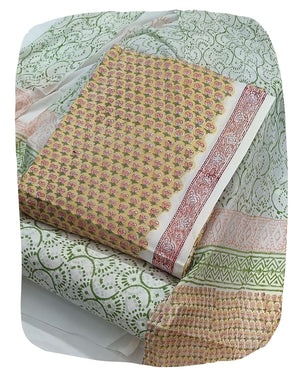 DRAVINAM Trends Hand Block Print Pure Cambric Cotton Unstitched Suit Material with Chiffon Hand Printed Dupatta