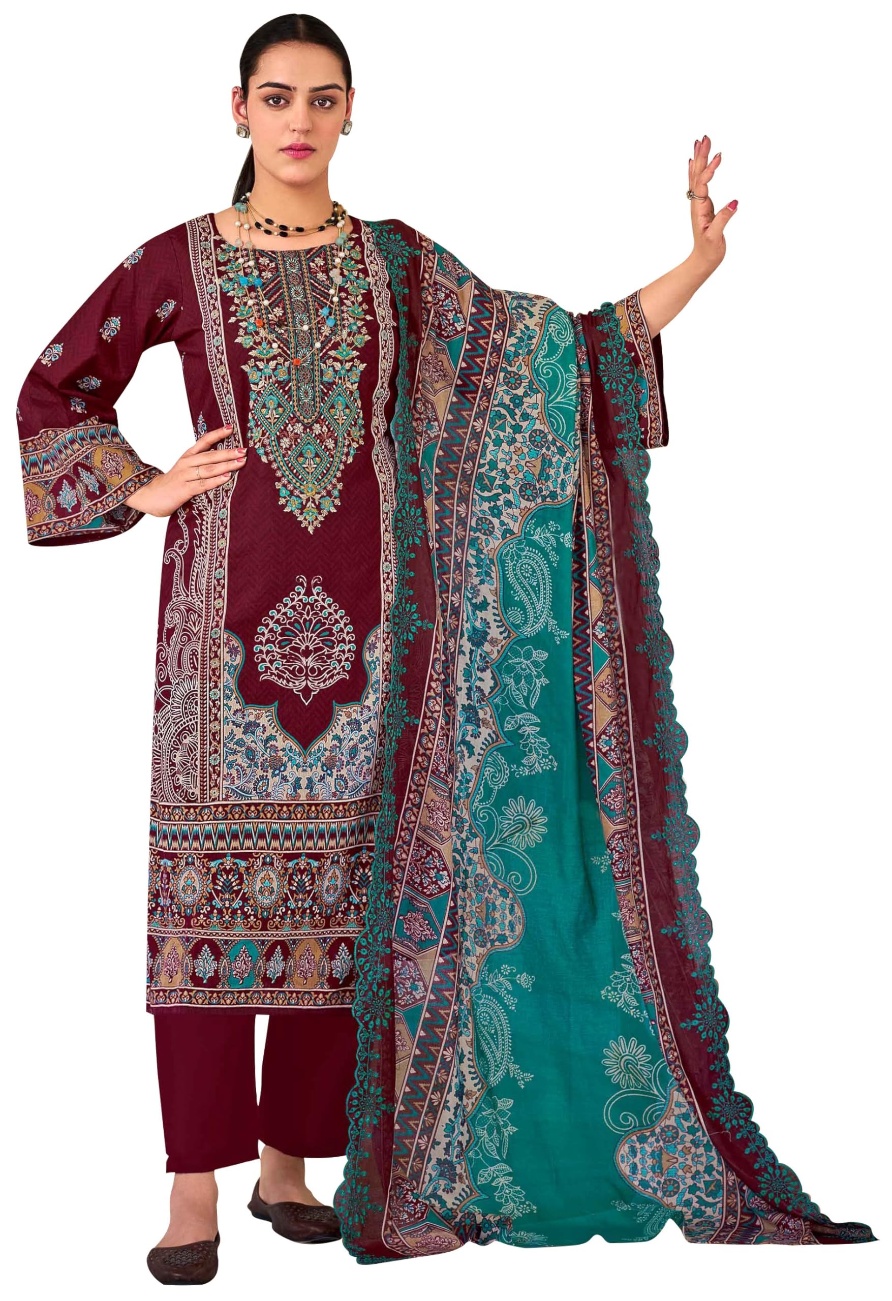 DRAVINAM Trends Women's Unstitched Salwar Suit Dress Material - Cotton Digital Printed Organza Embroidered Kameez II Unstitch Bottoms II Cotton Dupatta
