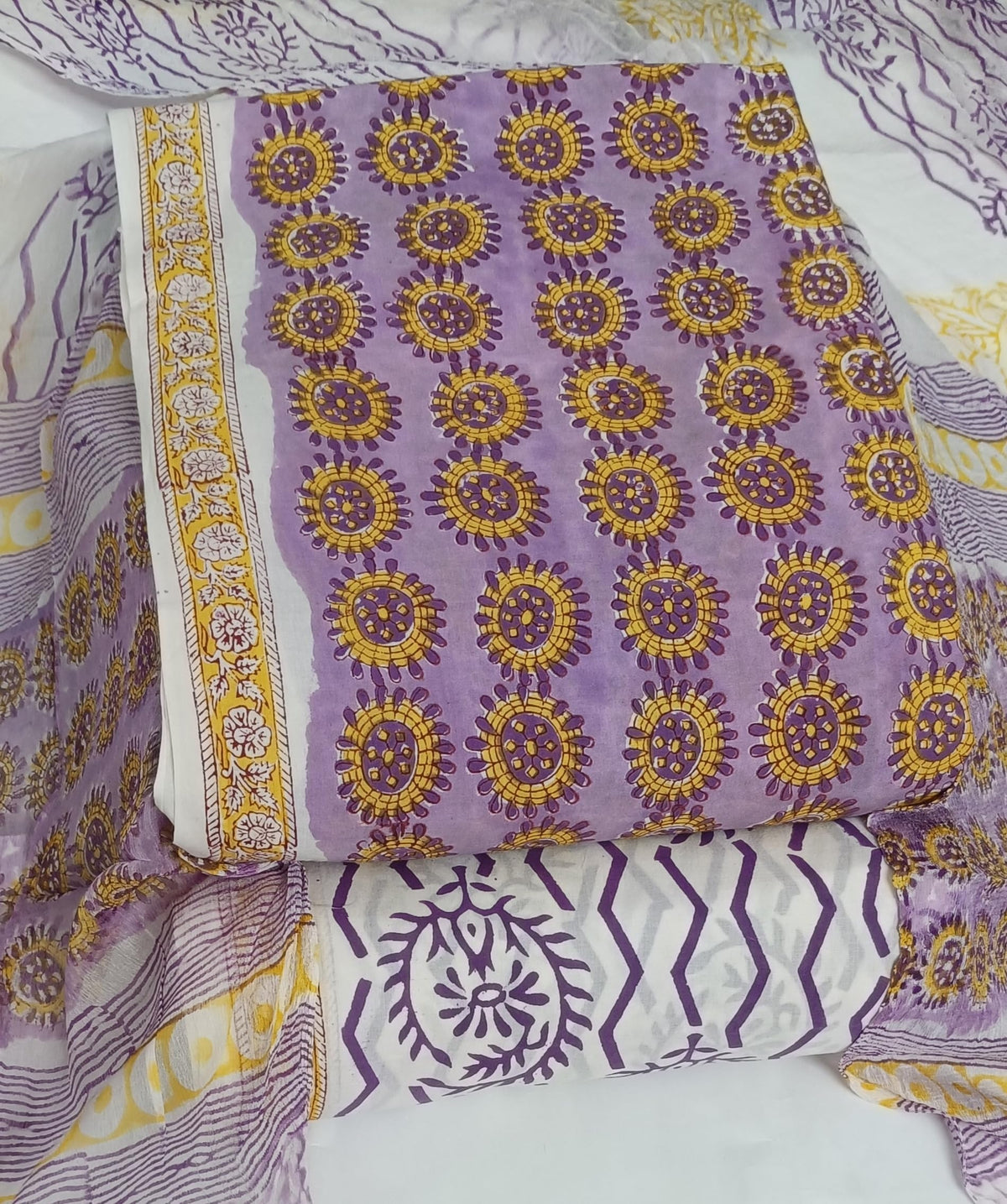 DRAVINAM Trends Hand Block Print Cambric Cotton Unstitched Salwar Suit Set for Women with Pure Chiffon Hand Printed Dupatta