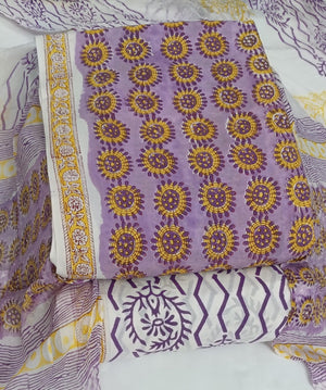 DRAVINAM Trends Hand Block Print Cambric Cotton Unstitched Salwar Suit Set for Women with Pure Chiffon Hand Printed Dupatta
