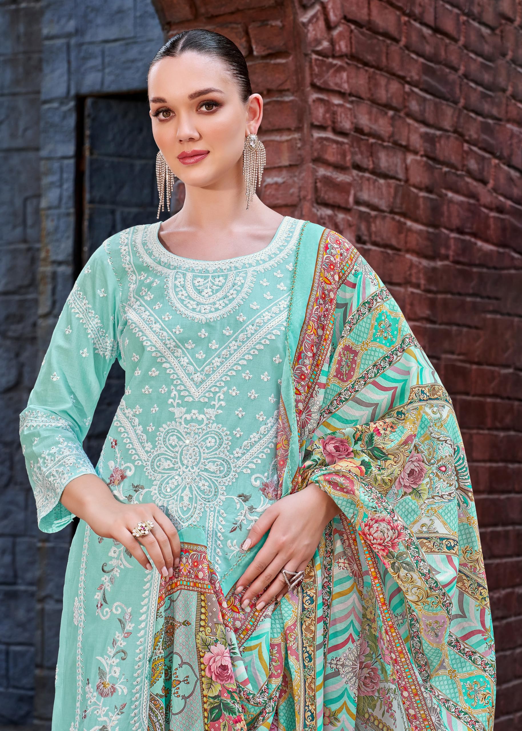 DRAVINAM Trends Women's Exquisite Unstitched Viscose Cambric Lawn Cotton Suit Dress Material with Embroidered Daman & Sleeves | Stylish Pure Cotton Digital Print Dupatta & Solid Bottoms