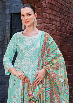 DRAVINAM Trends Women's Exquisite Unstitched Viscose Cambric Lawn Cotton Suit Dress Material with Embroidered Daman & Sleeves | Stylish Pure Cotton Digital Print Dupatta & Solid Bottoms