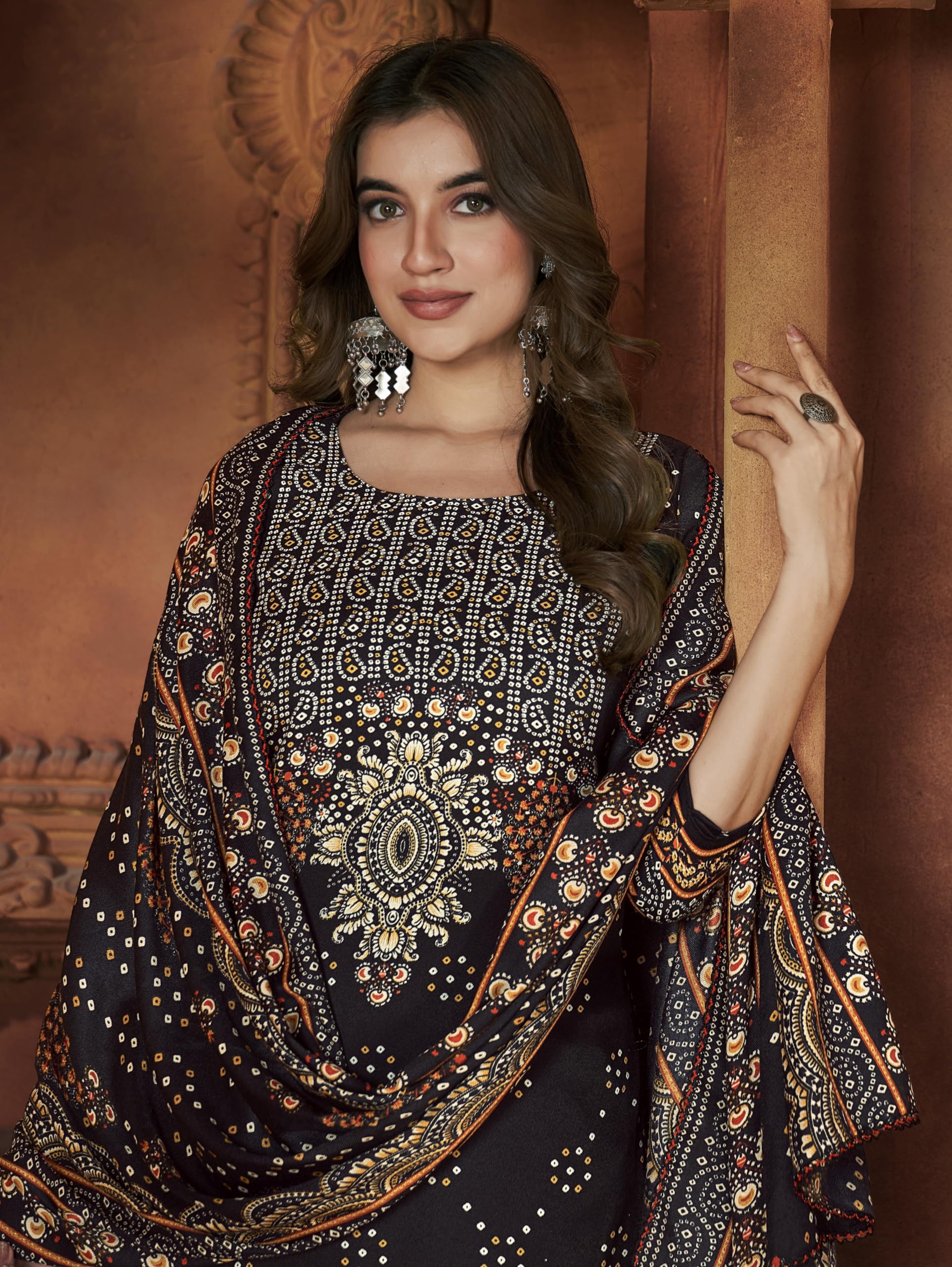 DRAVINAM Trends Women's Printed Woolen Pashmina Unstitch Salwar Suit Dress Material with Digital Woolen Warm Shawl Dupatta