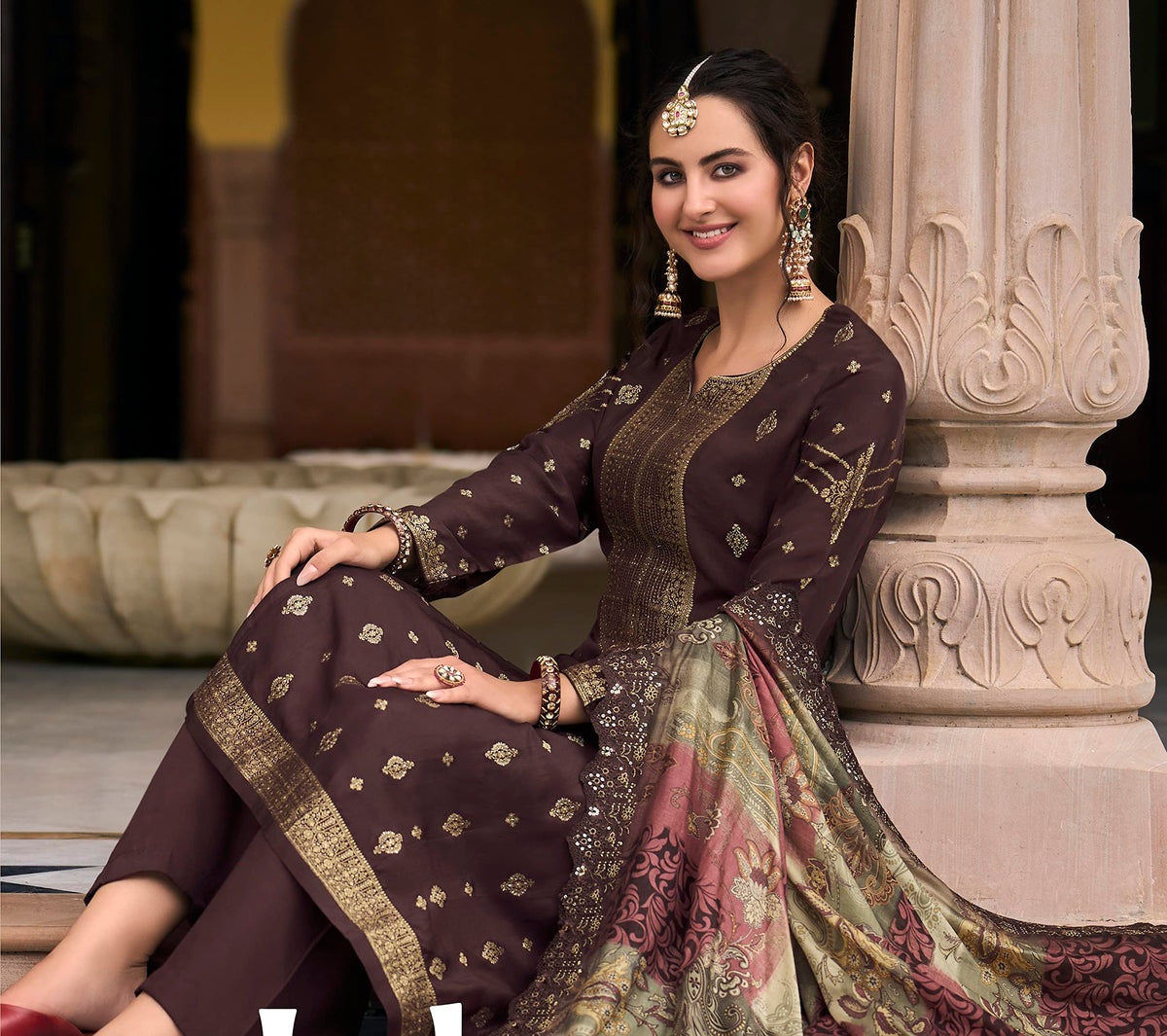 DRAVINAM Trends Women's Pure Dola Banarasi Silk Salwar Kameez Suit Dress Material with Digital Printed Embroidered Pure Viscose Heavy Silk Dupatta (