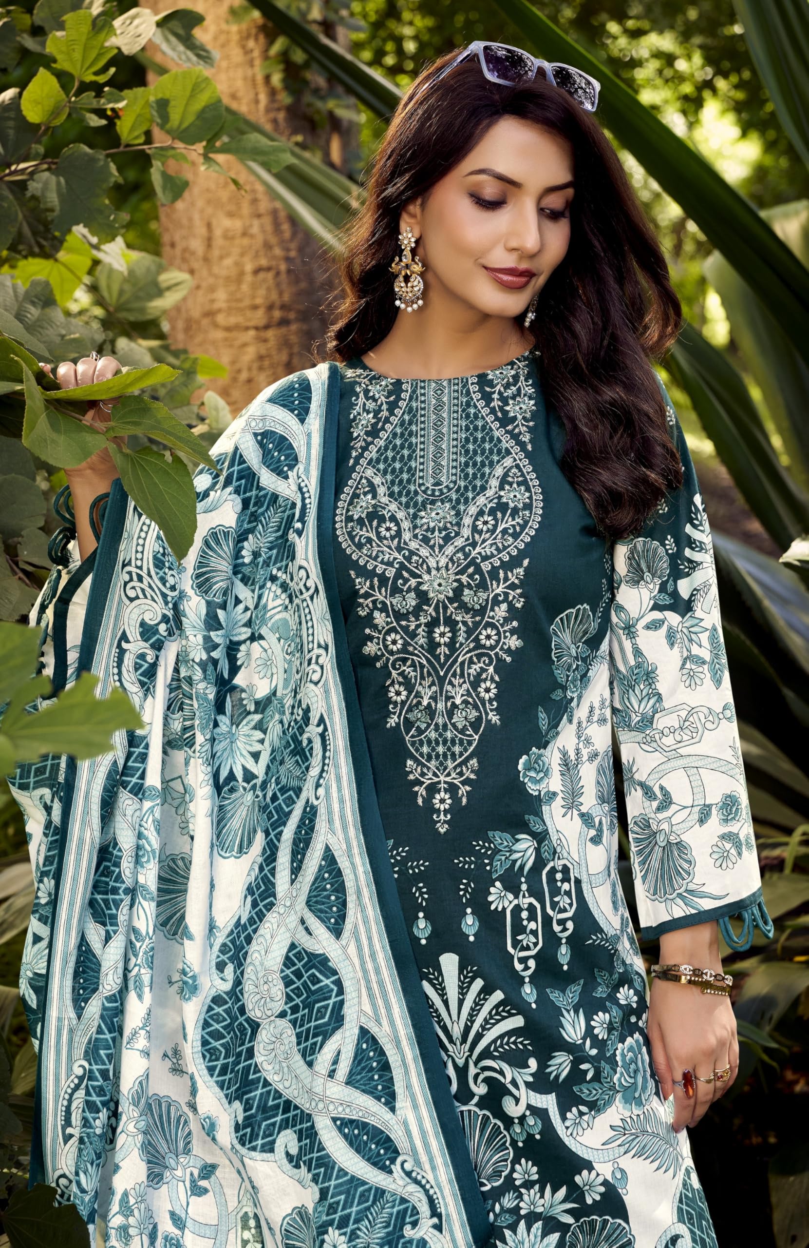 DRAVINAM Trends Women's Unstitched Cotton Suit Dress Material -Embroidered Digital Print Top II Plain Bottoms II Digital Print Dupatta