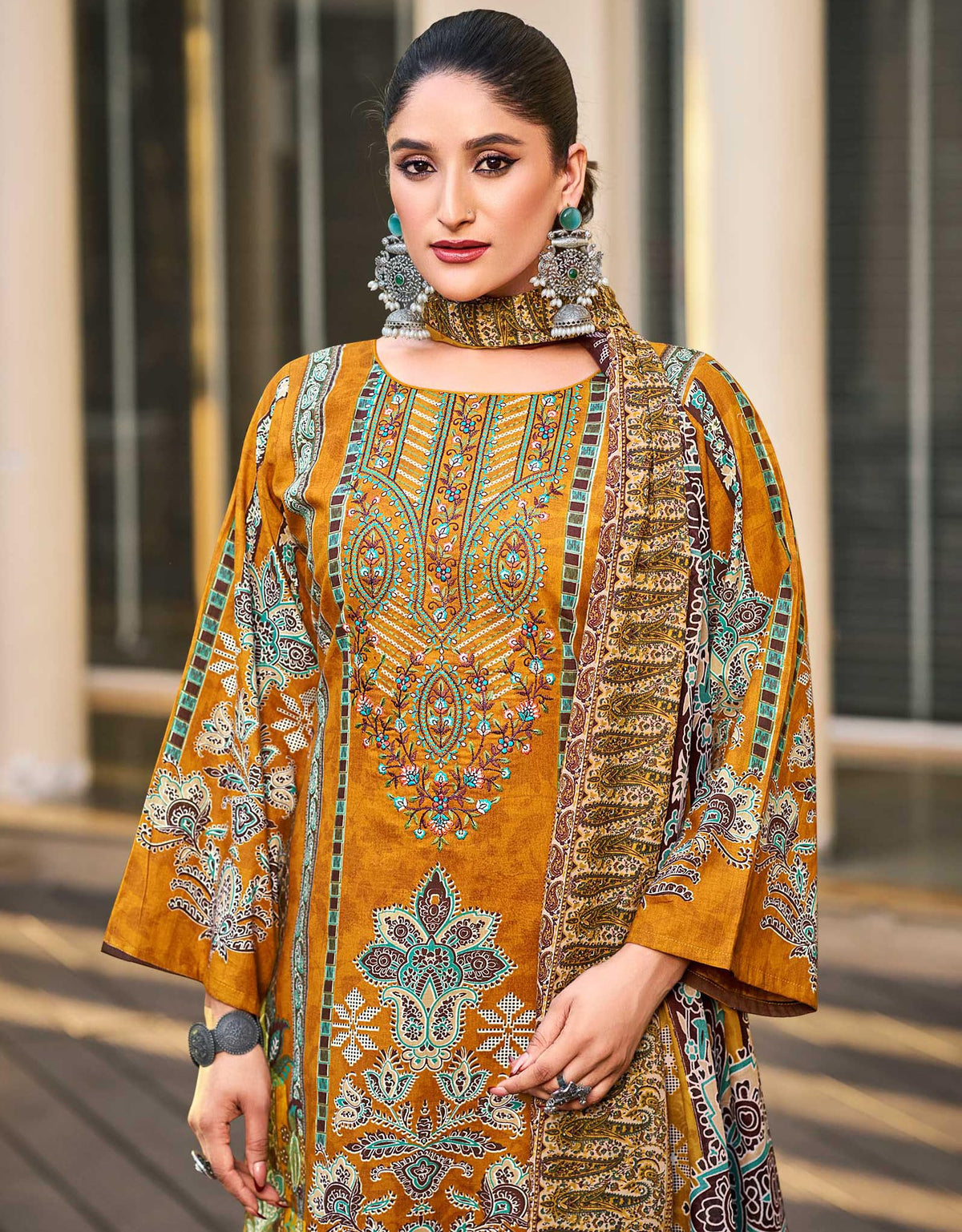 DRAVINAM Trends Women's Pure Lawn Cotton Pakistani Embroidered Suit Dress Material with Unstitched Bottoms and Cotton Dupatta