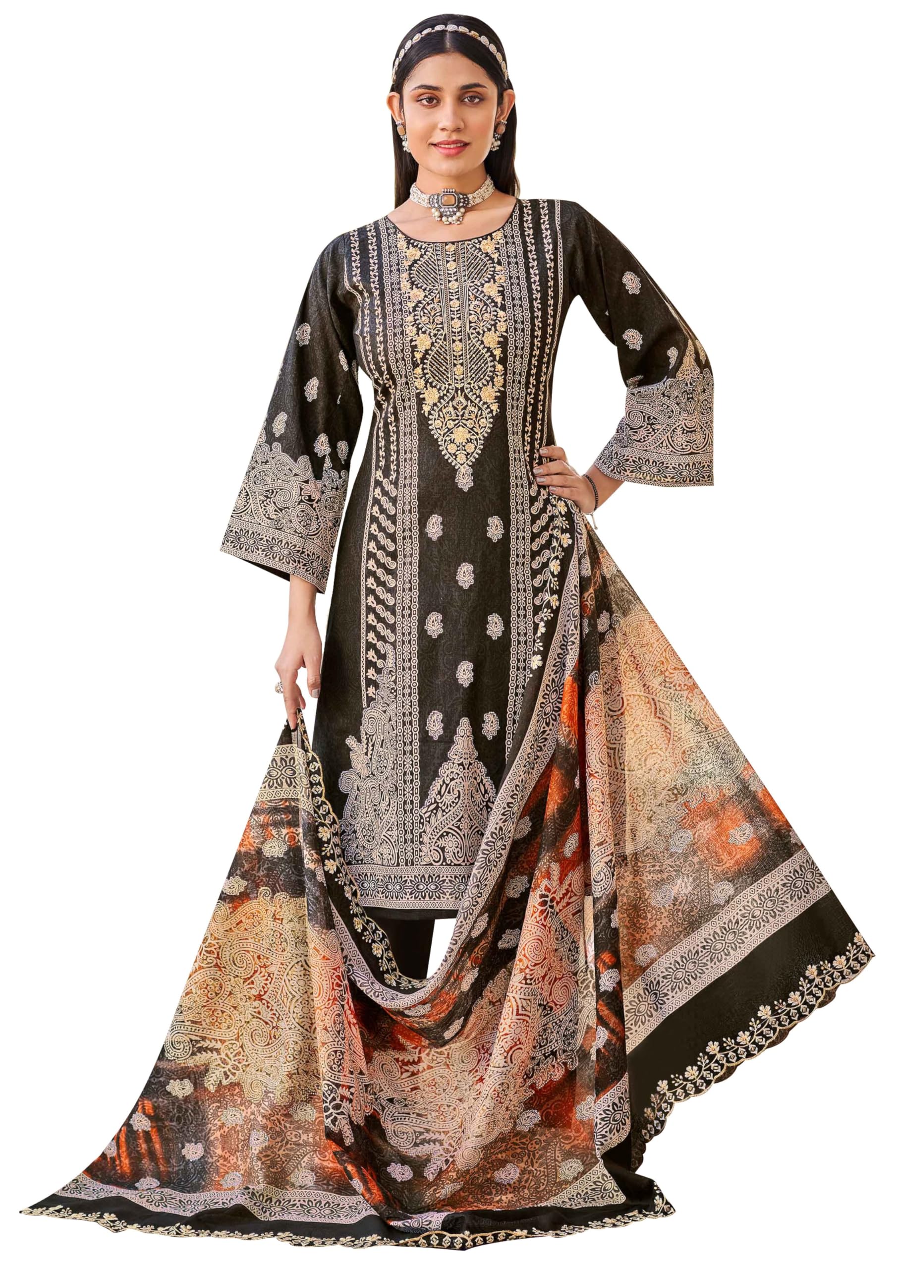 DRAVINAM Trends Women's Unstitched Salwar Suit Dress Material - Cotton Digital Printed Organza Embroidered Kameez II Unstitch Bottoms II Cotton Dupatta