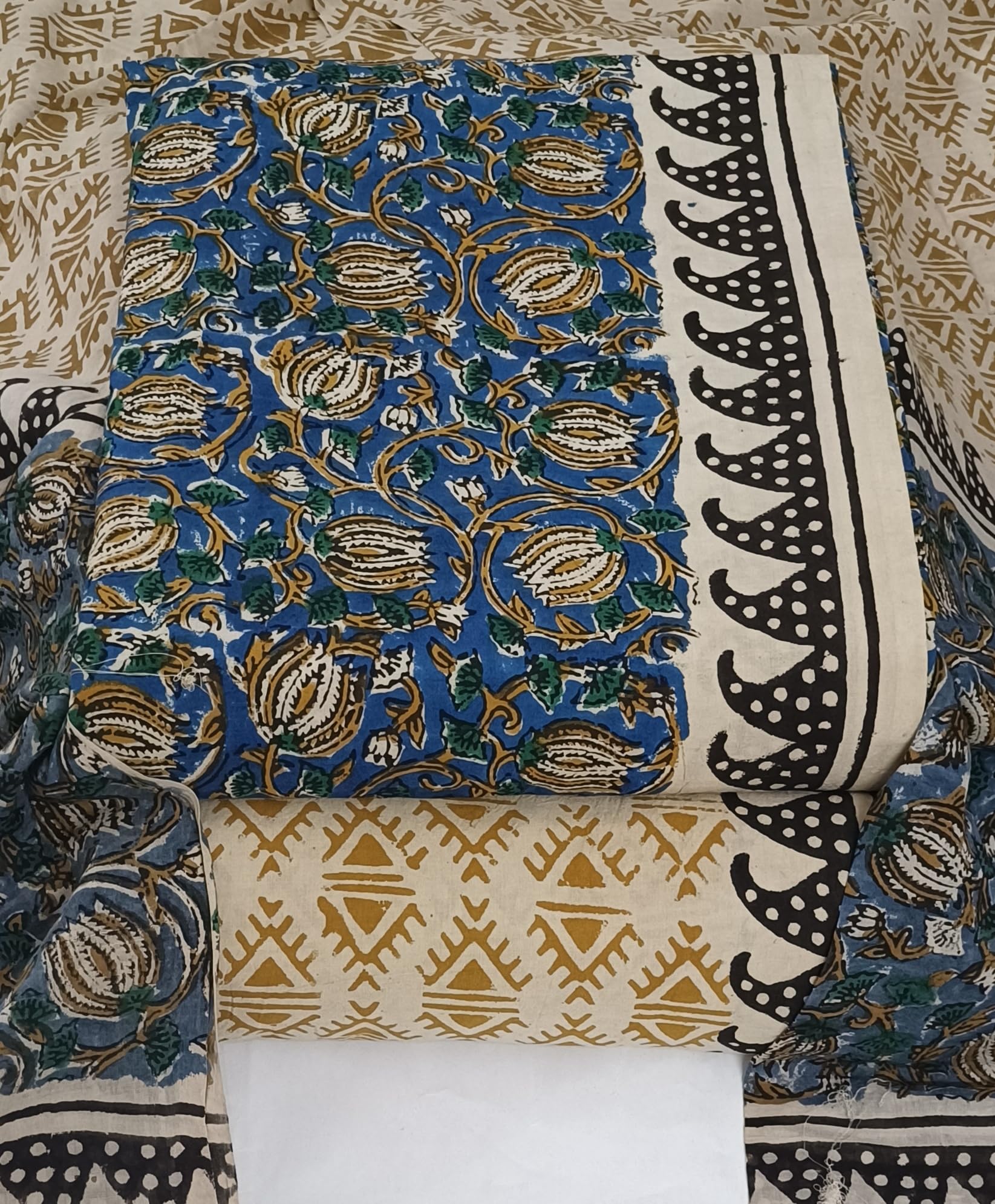 DRAVINAM Trends Women's Jaipuri Pure Cotton Handmade Floral Block Bagh Print Unstitched Dress Material Set with Dupatta (Top, Bottom, and Dupatta Fabric)